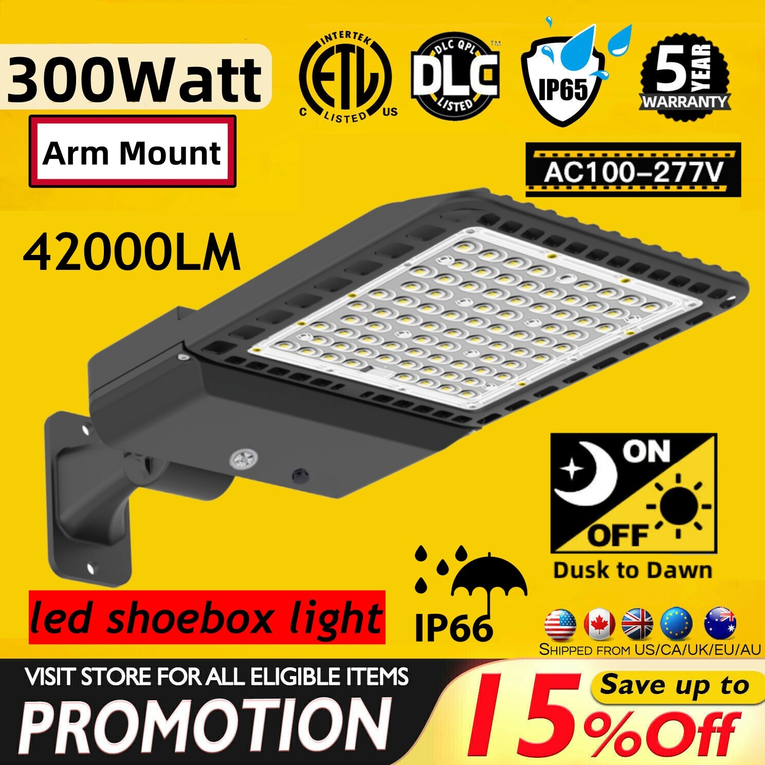 300W LED Outdoor Parking Lot Tennis Court Street Pole Lamp Shoebox Area Light