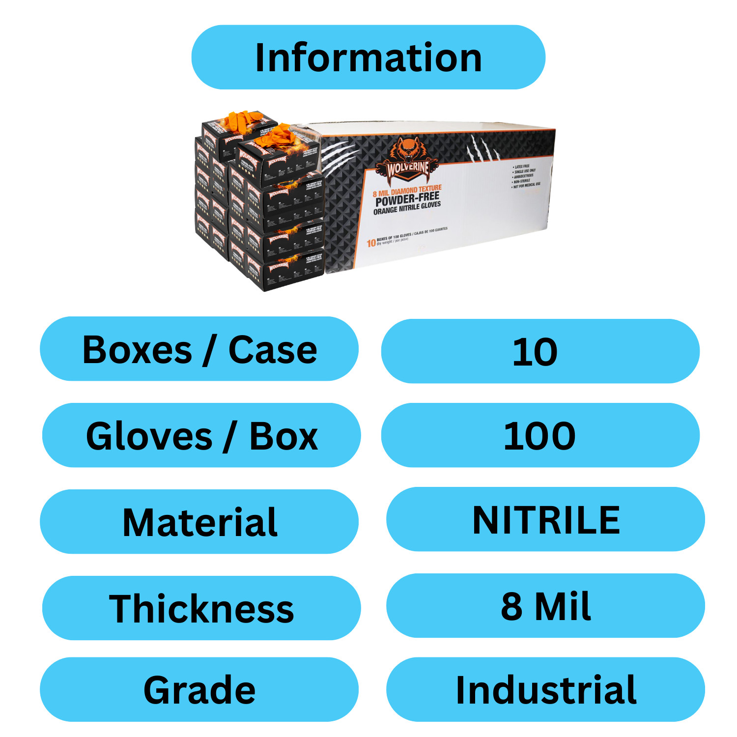 Wolverine Orange Nitrile Gloves, 8 Mil, Raised Diamond Texture 1000 Pcs X-Large