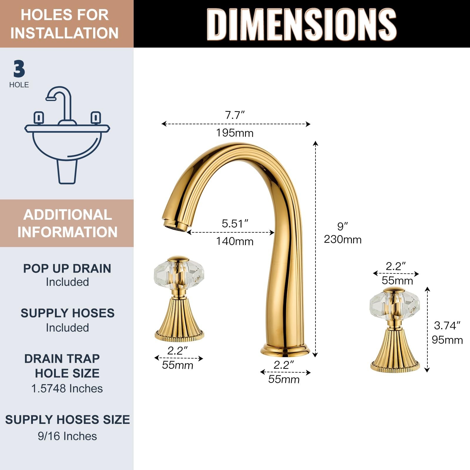 Gold Crystal 3 Hole 8 Inch Brass 2 Handle 2 Tone Widespread Bathroom Faucet Set