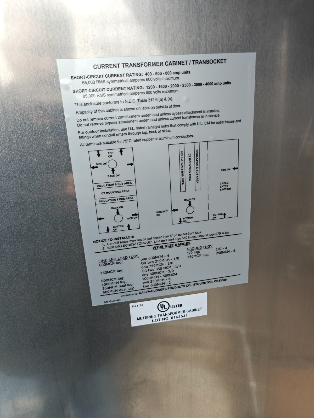 3000a 3ph 4w Alum. termination junction cabinet 2 door Milbank ALIM-3034PM 250v