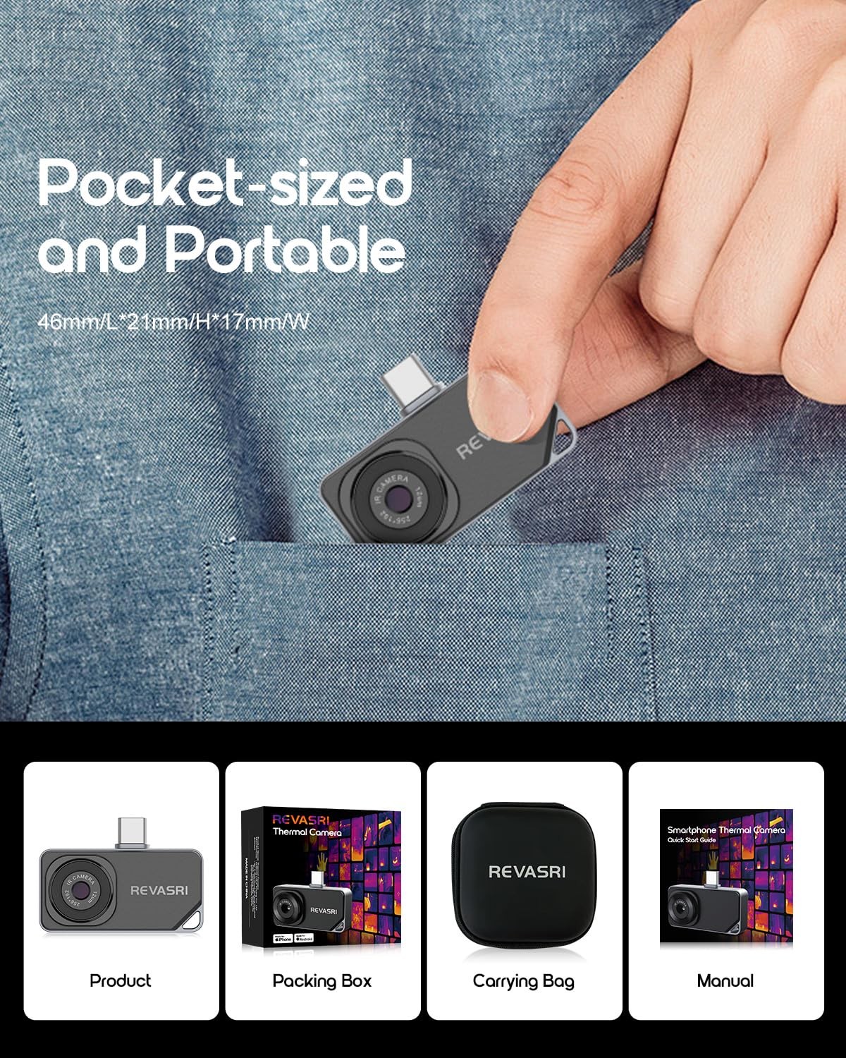 REVASRI Thermal Camera for iOS and Android, 512×384 Super IR Resolution Black