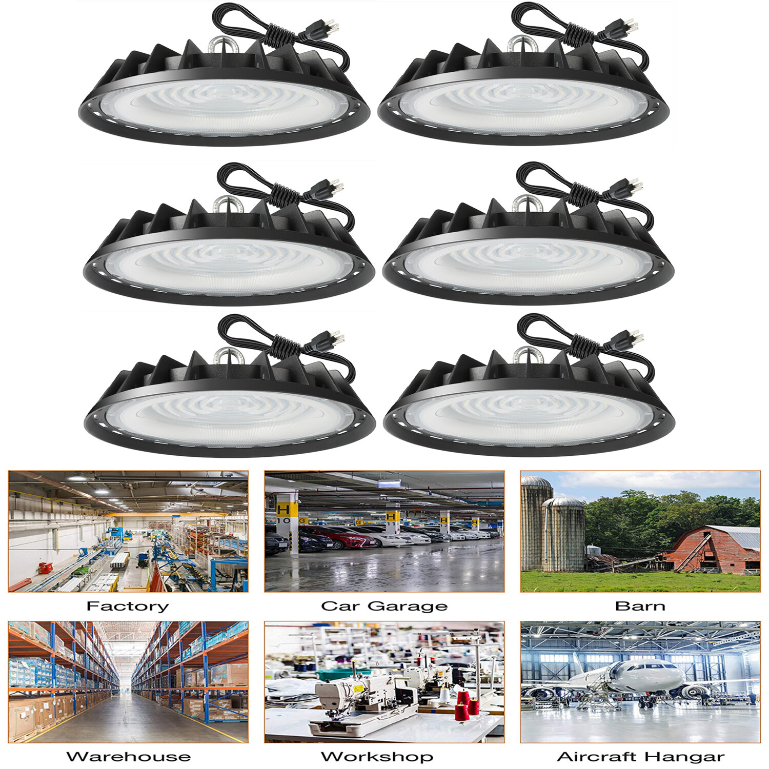 300W UFO LED High Bay Light, 6-Pack for Industrial Warehouses Shop Gym Garage