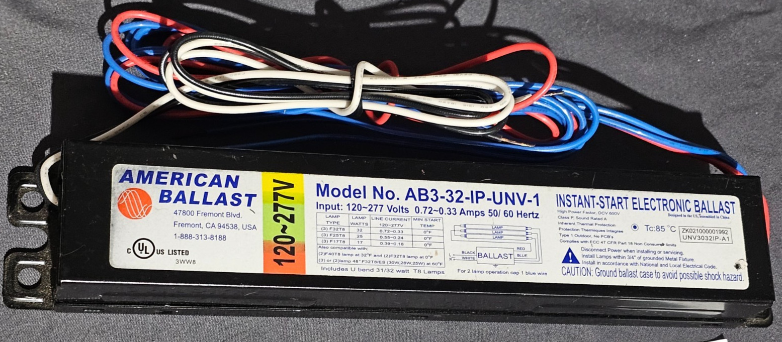 American Ballast AB2-32-IP-UNV-1 F32 T8 1 and 2-Lamp Multi Volt UNIVERSAL