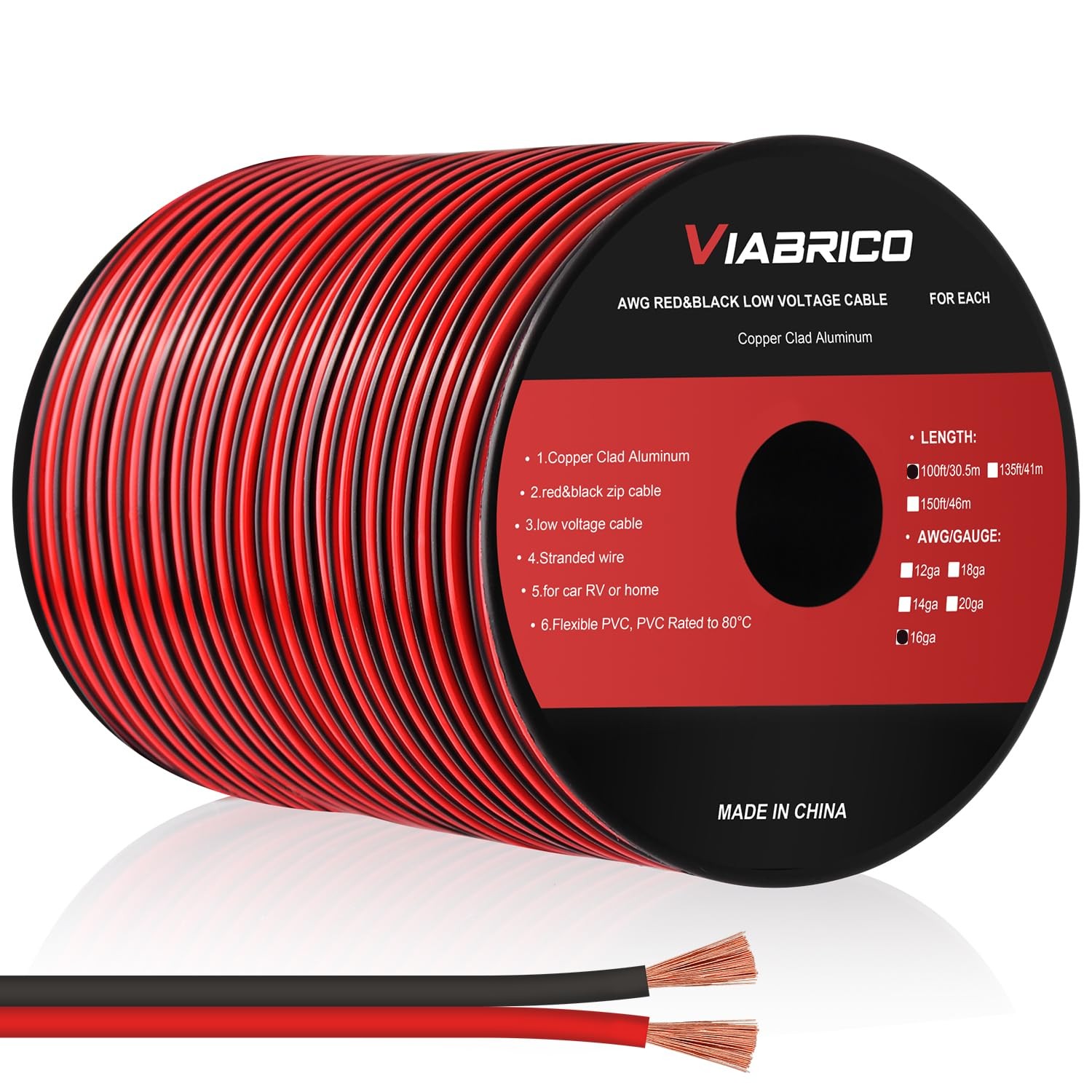 100ft 16AWG 2 Conductor Red Black Automotive Wire 12V 24V LED Cable