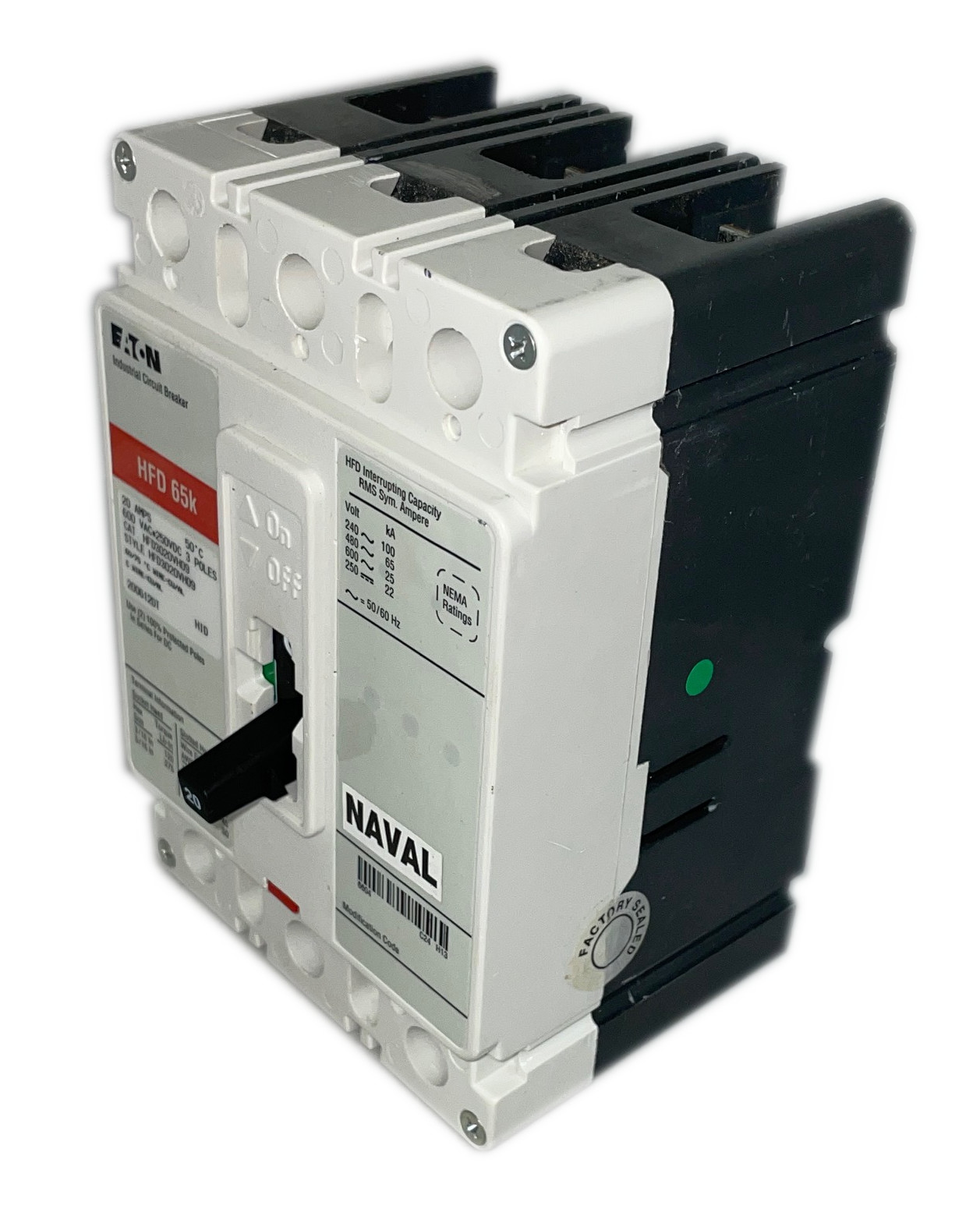 Eaton HFD3020VH09 Circuit Breaker, 20 Amp, 600Vac, 3-Pole, 50°C Rated, Naval