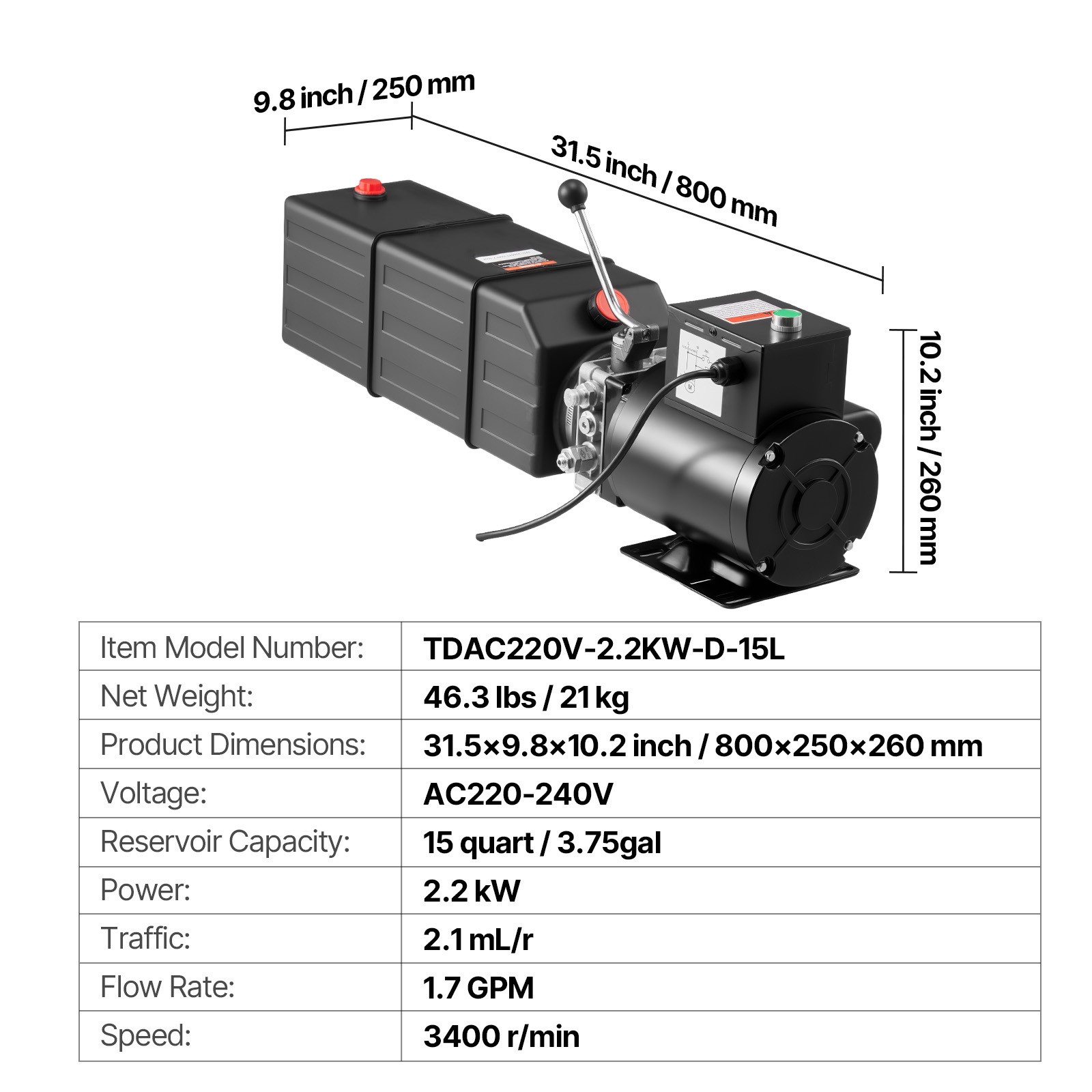 Uimoso Hydraulic Power Unit AC 220-240V 15 Quart Single Acting System