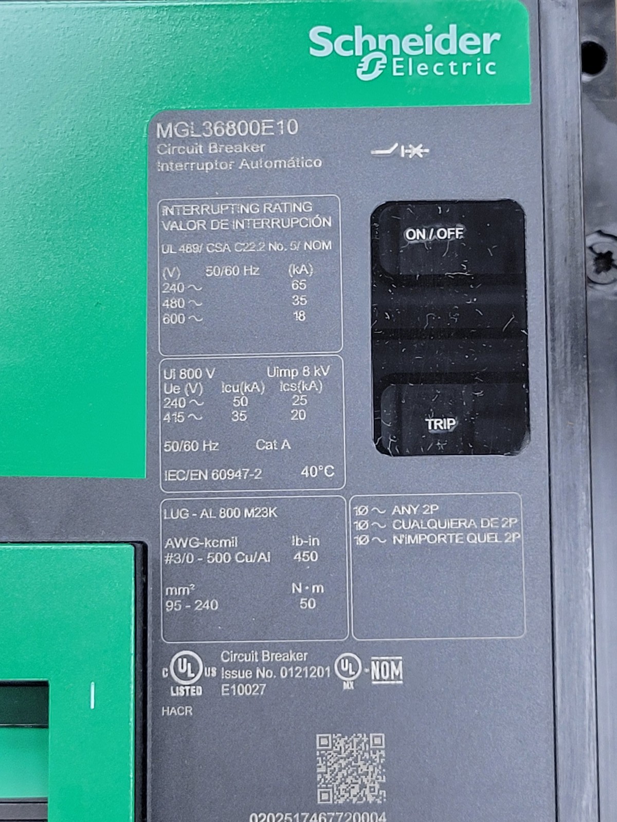 Square D MGL36800E10 Circuit Breaker 800A 3P 600V