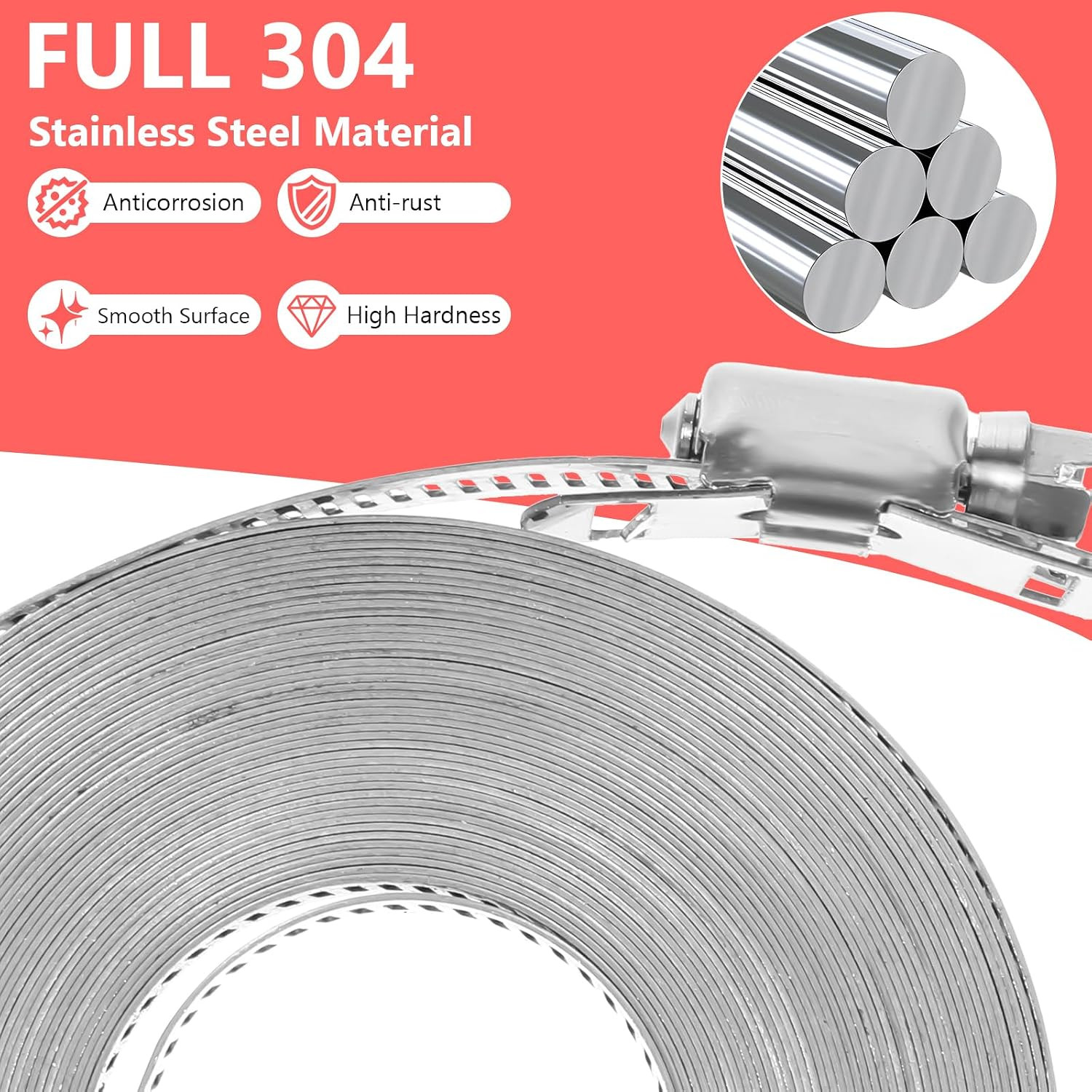 Hose Clamps 32.8FT Strap+30 Fasteners,Diy Cut-To-Fit 304 Stainless Steel
