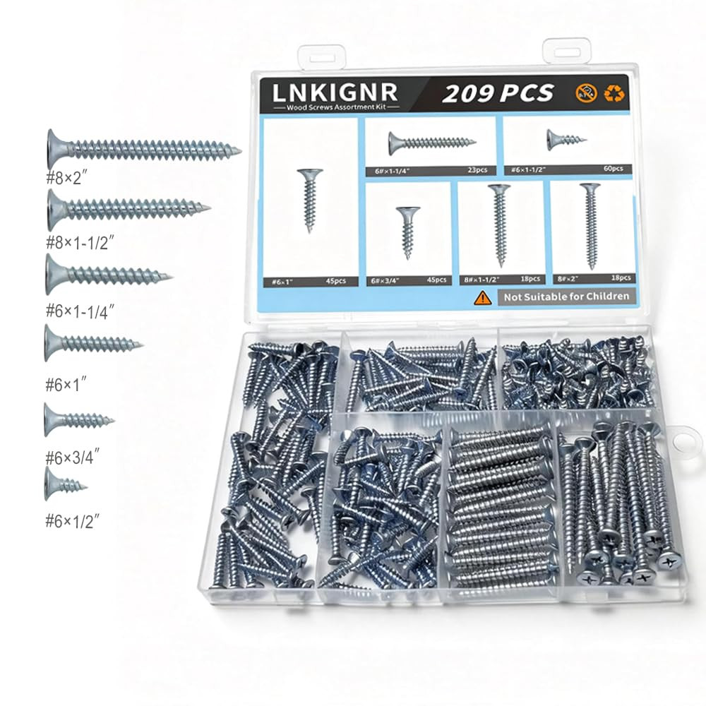 Wood Screws Assortment Kit Phillips Flat Head Carbon Steel Hardware Set 6 Sizes