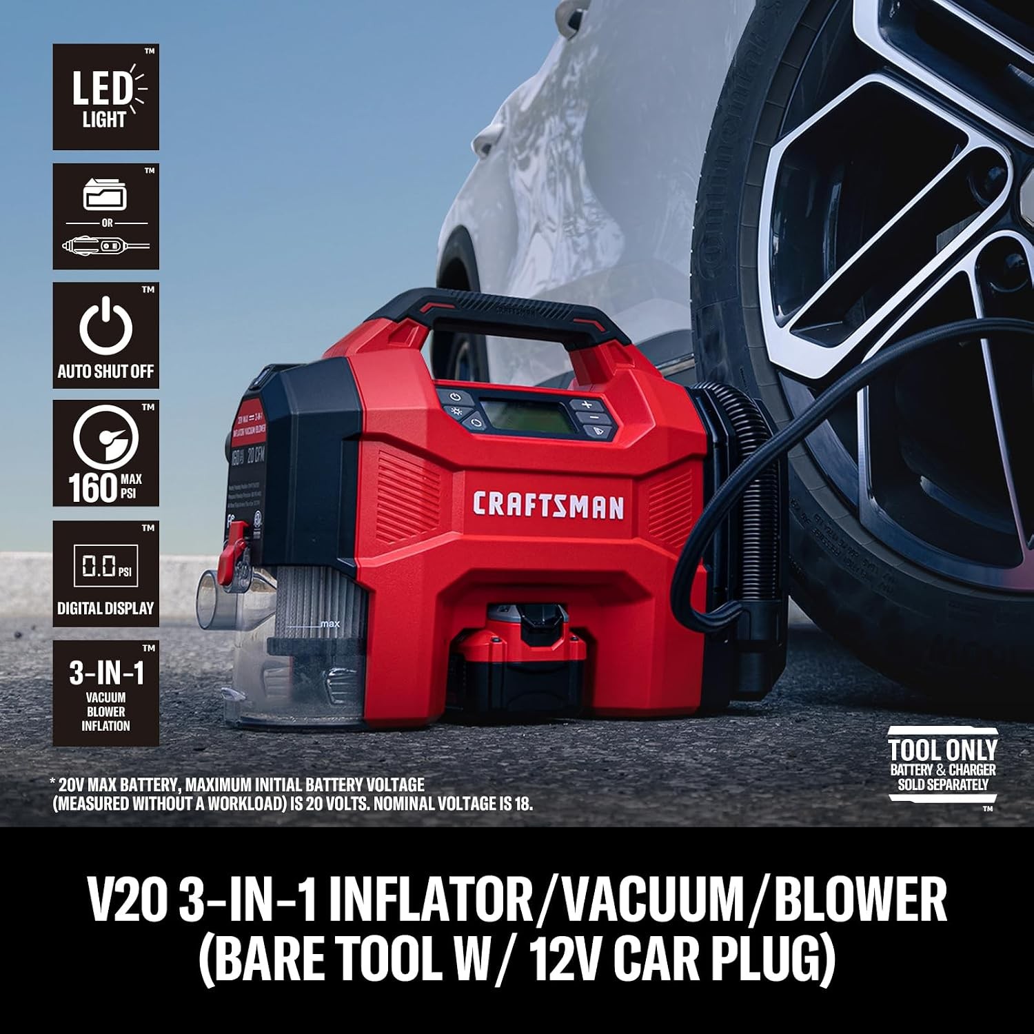 CRAFTSMAN 3-in-1 Tire Inflator, 160PSI Portable Air Compressor/Car Vacuum/Dust B