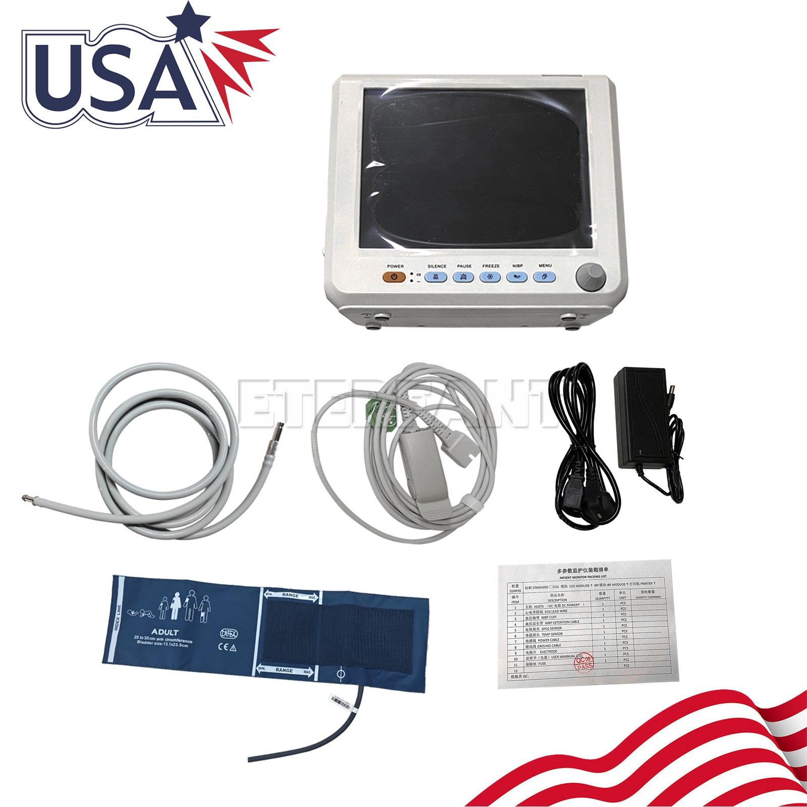 ETERFANT 8″ Patient Monitor ICU CCU Vital Signs Machine NIBP, SPO2, PR,TEMP