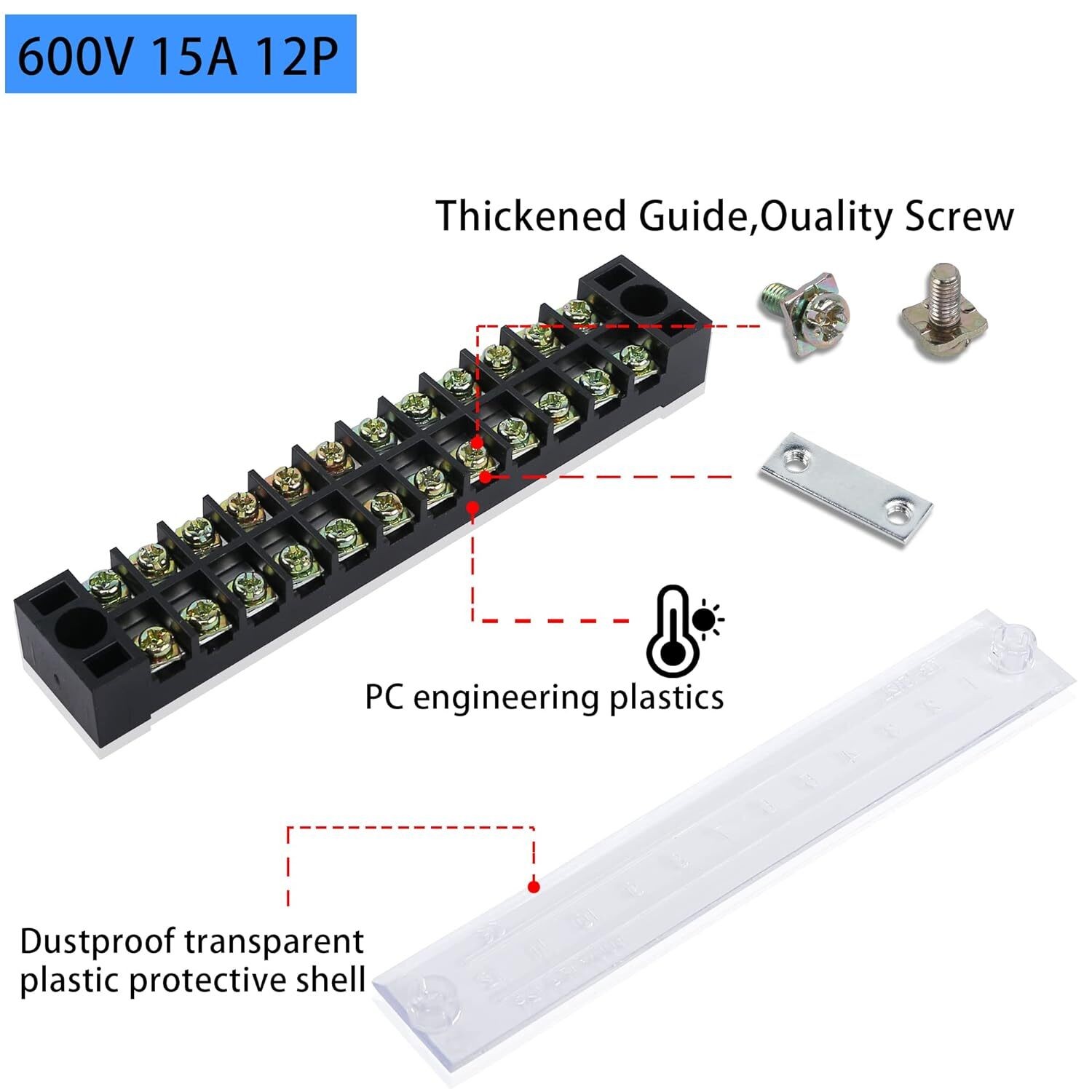 5Pcs Dual Row 12 Positions Screw Terminal Electric Barrier Strip Block 15A 600V