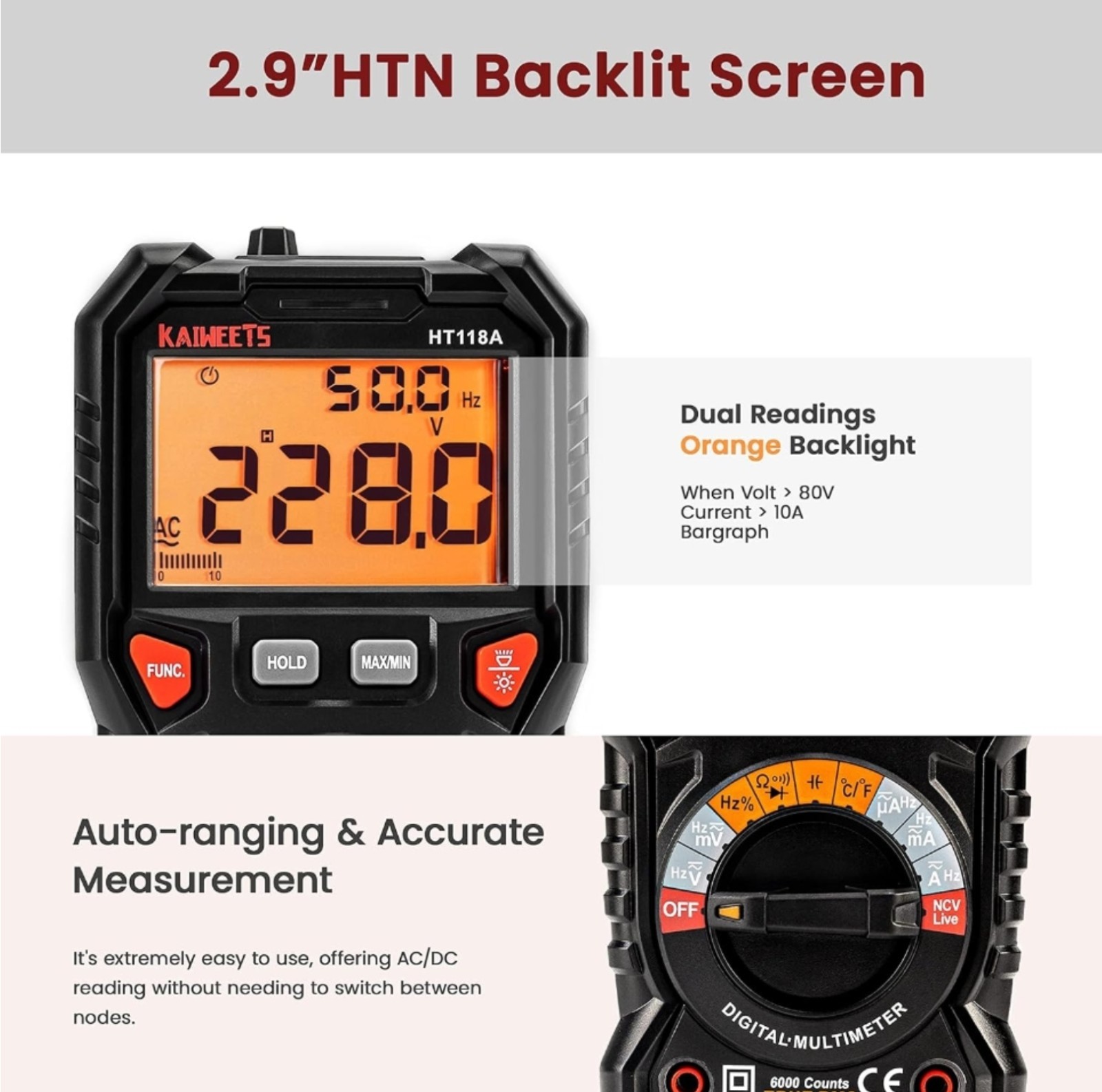 KAIWEETS Digital Multimeter TRMS Voltmeter,Auto-Ranging,6000 Counts,Accurately