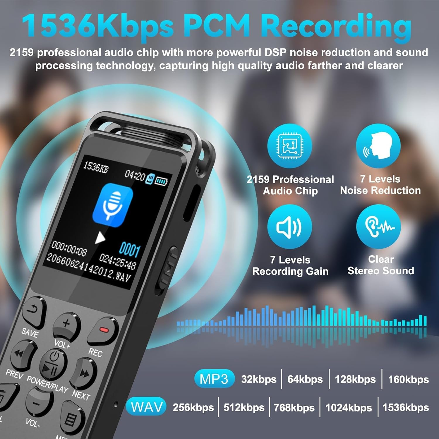 144GB Digital Voice Recorder with Playback, 1536Kbps Audio Recorder for Intervi