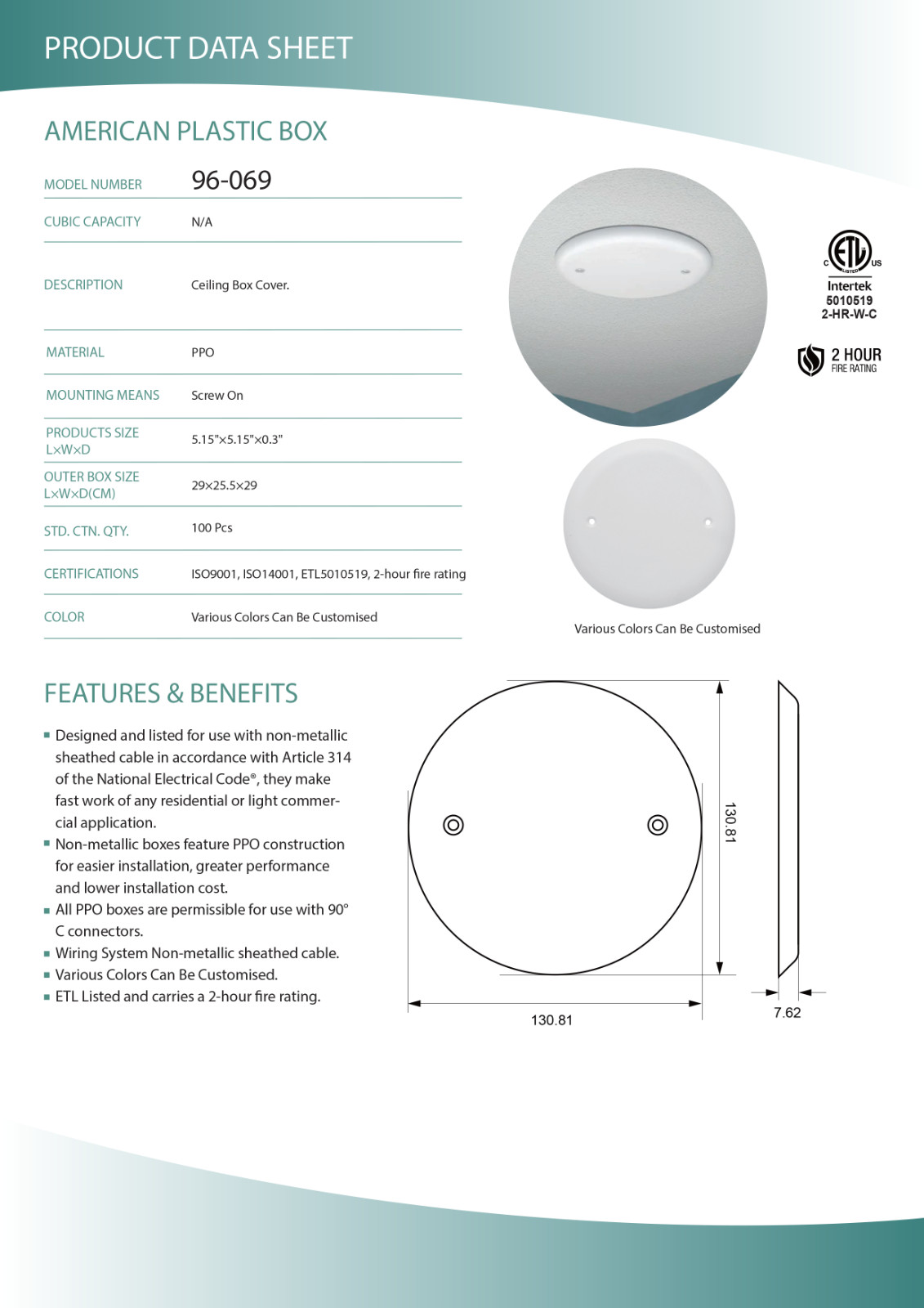 White Round Ceiling Box Cover 5.15″, Non-Metallic PPO, Screw Mount, ETL Listed
