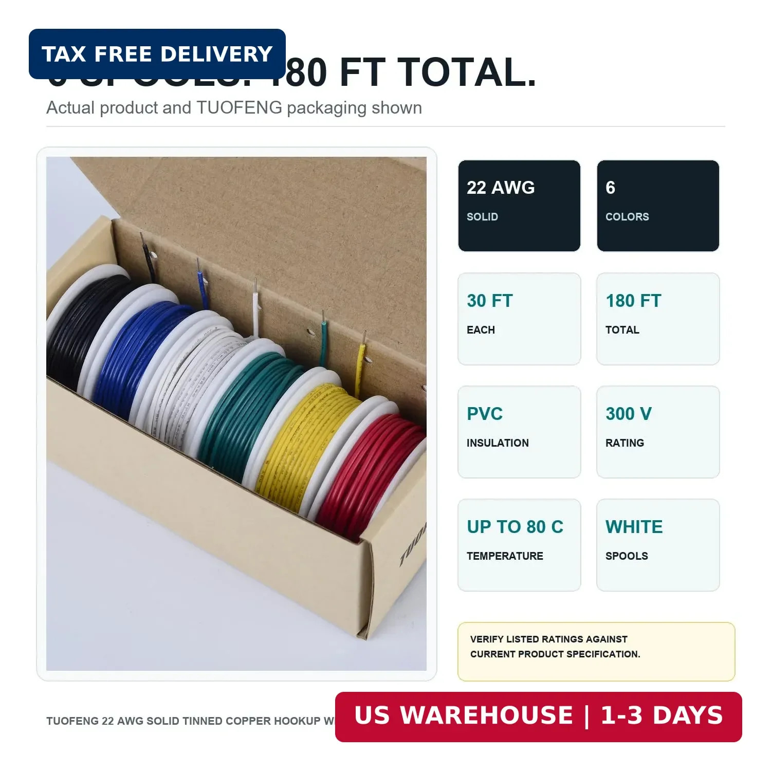 22 AWG Wire Solid Core Hookup Wire, 6 Different Colored Breadboard Wires 30ft Ea