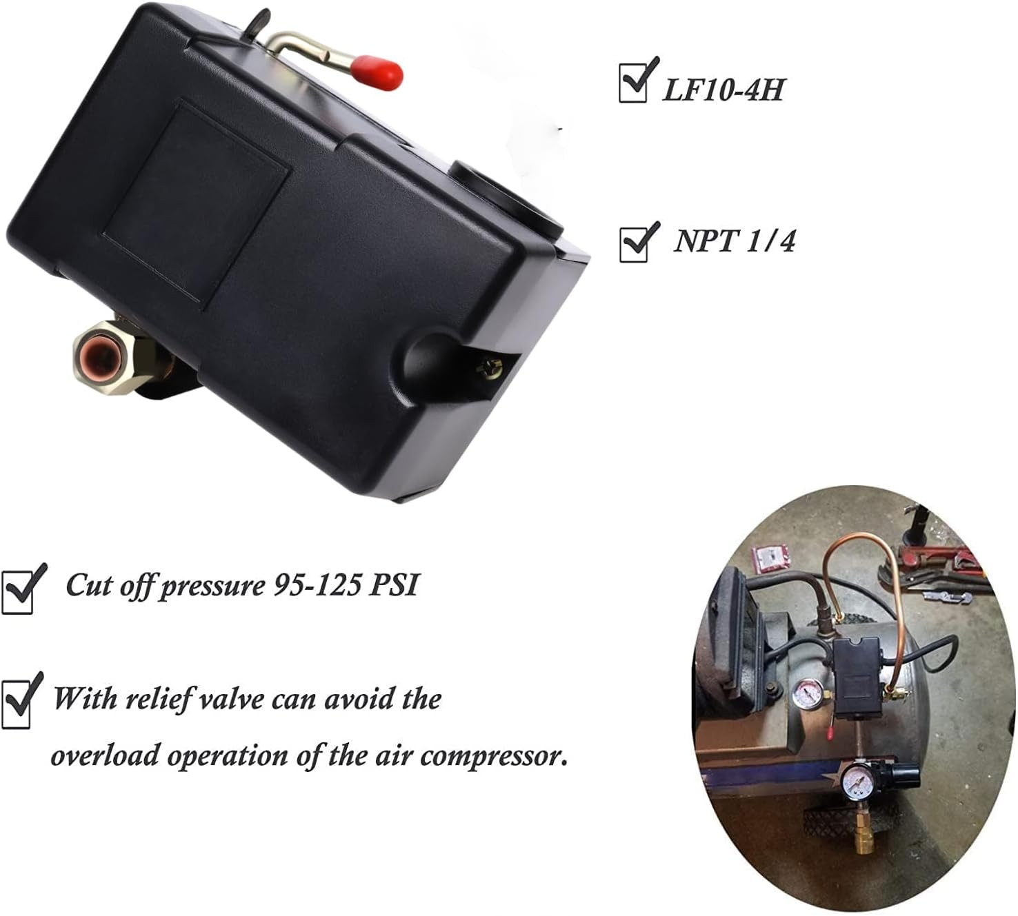 Air Compressor Pressure Switch LF10-4H, 4 Port 1/4″ NPT, 95-125 PSI Pressure Con