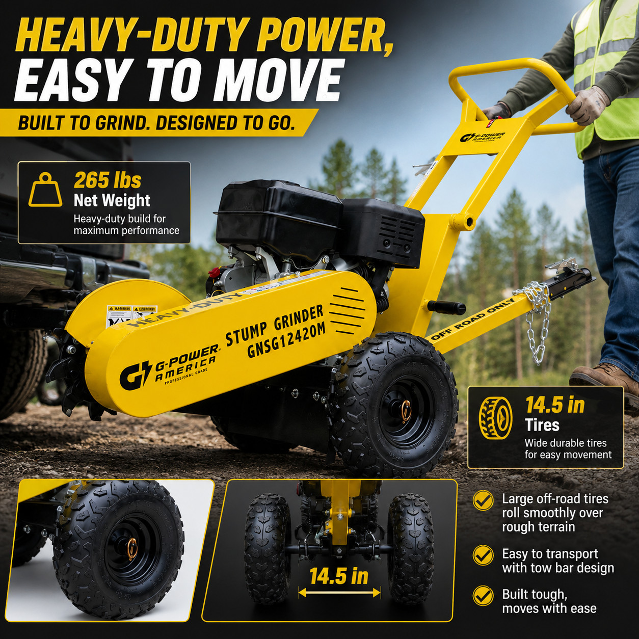 15HP 420cc Gas Stump Grinder 3600 RPM Air-Cooled OHV Gasoline Engine Walk-Behind