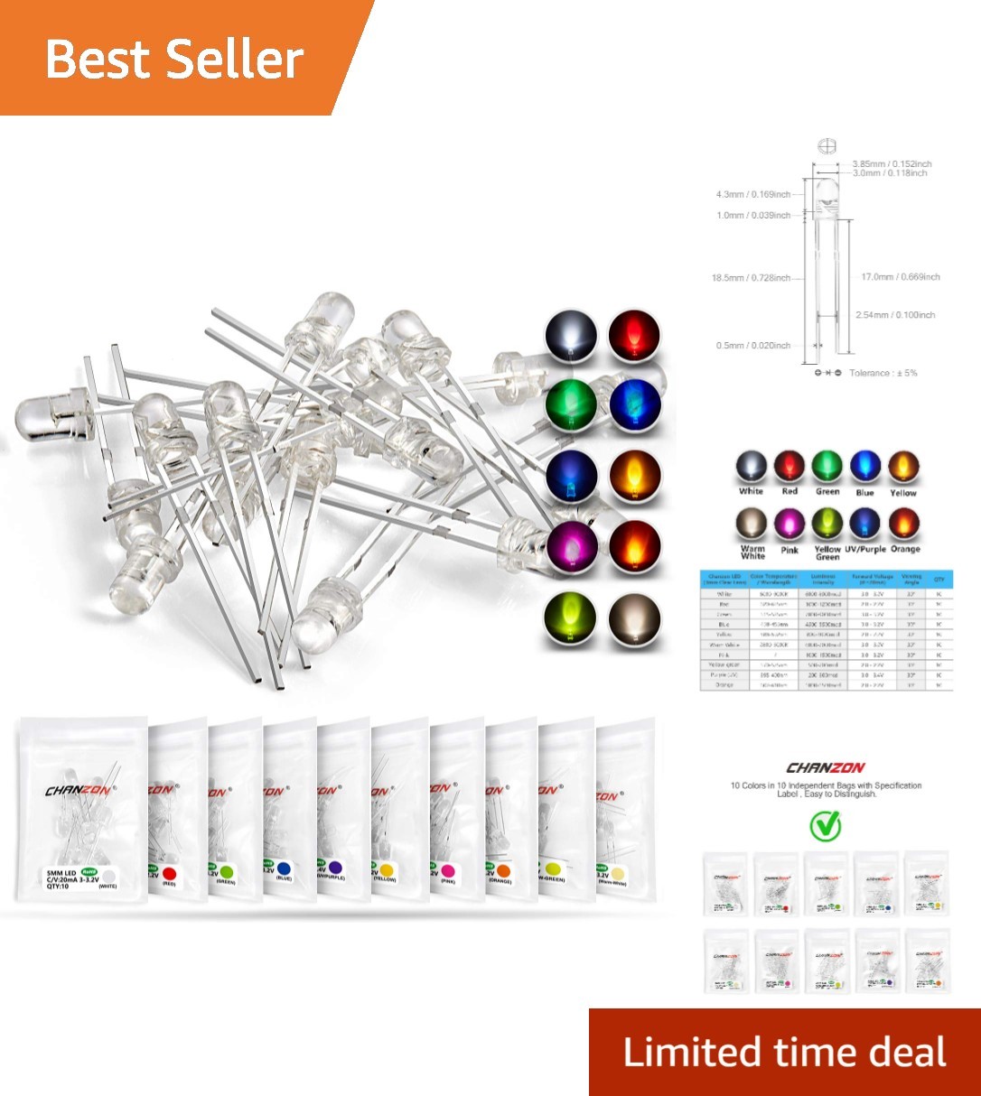 100pcs 3mm LED Diode Assortment – 10 Colors Bright Lighting Kit for DIY Projects