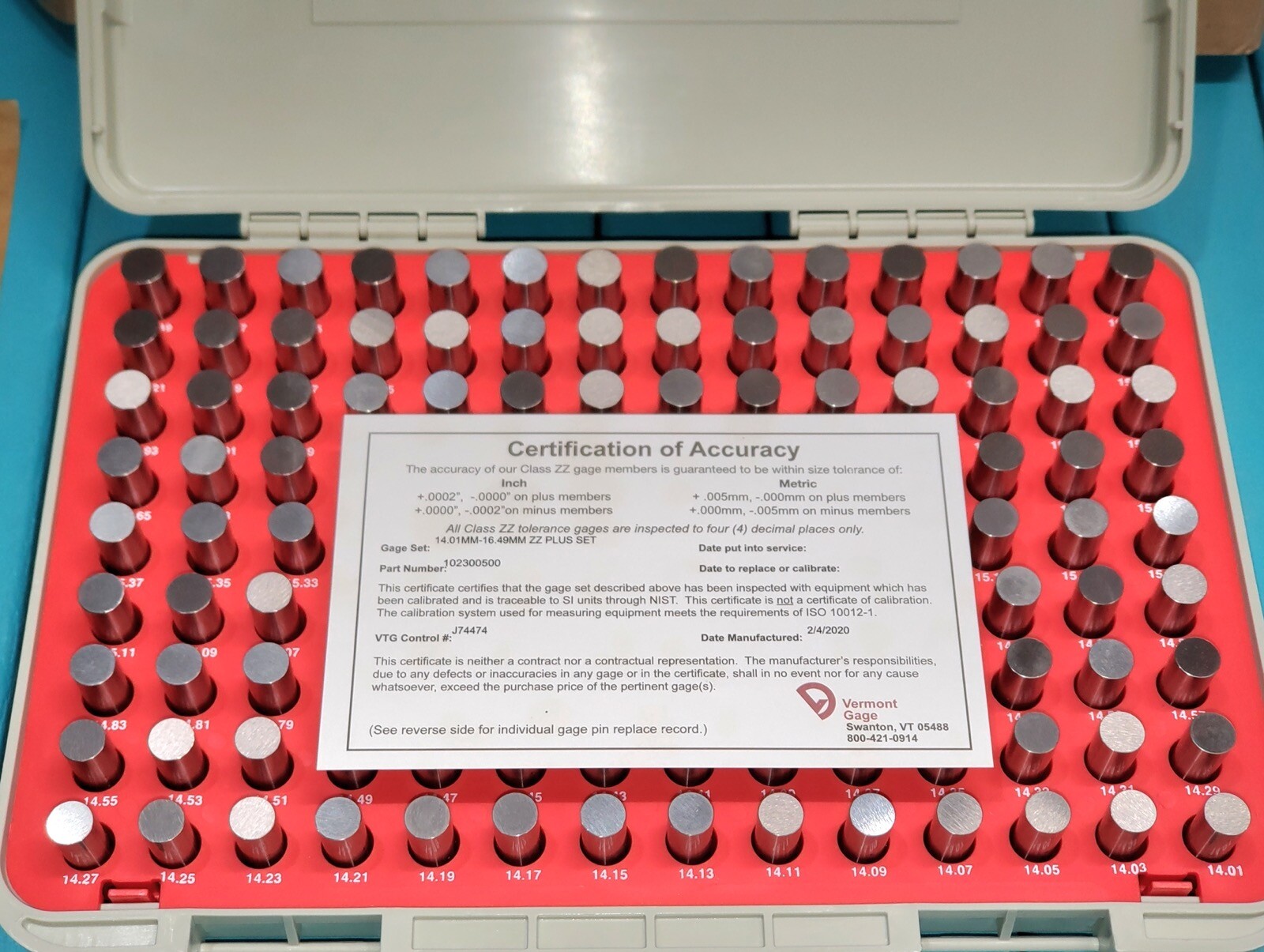 New 125 Piece Vermont Pin Gage Gauge Set 14.01-16.49mm Plus Class ZZ (.02mm)