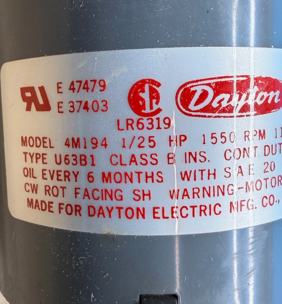 Dayton 4M194 Fan Blower Motor 1/25HP 115V 1550RPM 3.3in Shaded Pole