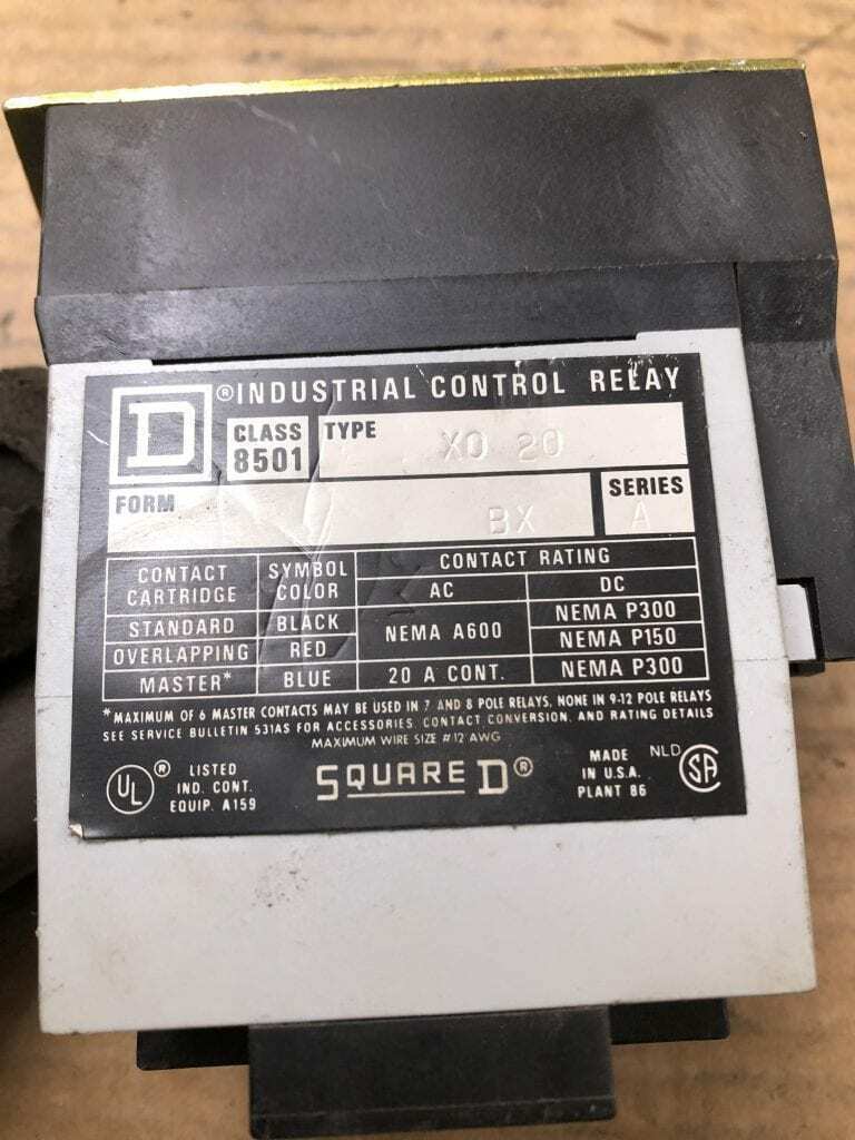 Square D X0 20 Industrial Control Relay 20A Class 8501 8-12 Pole
