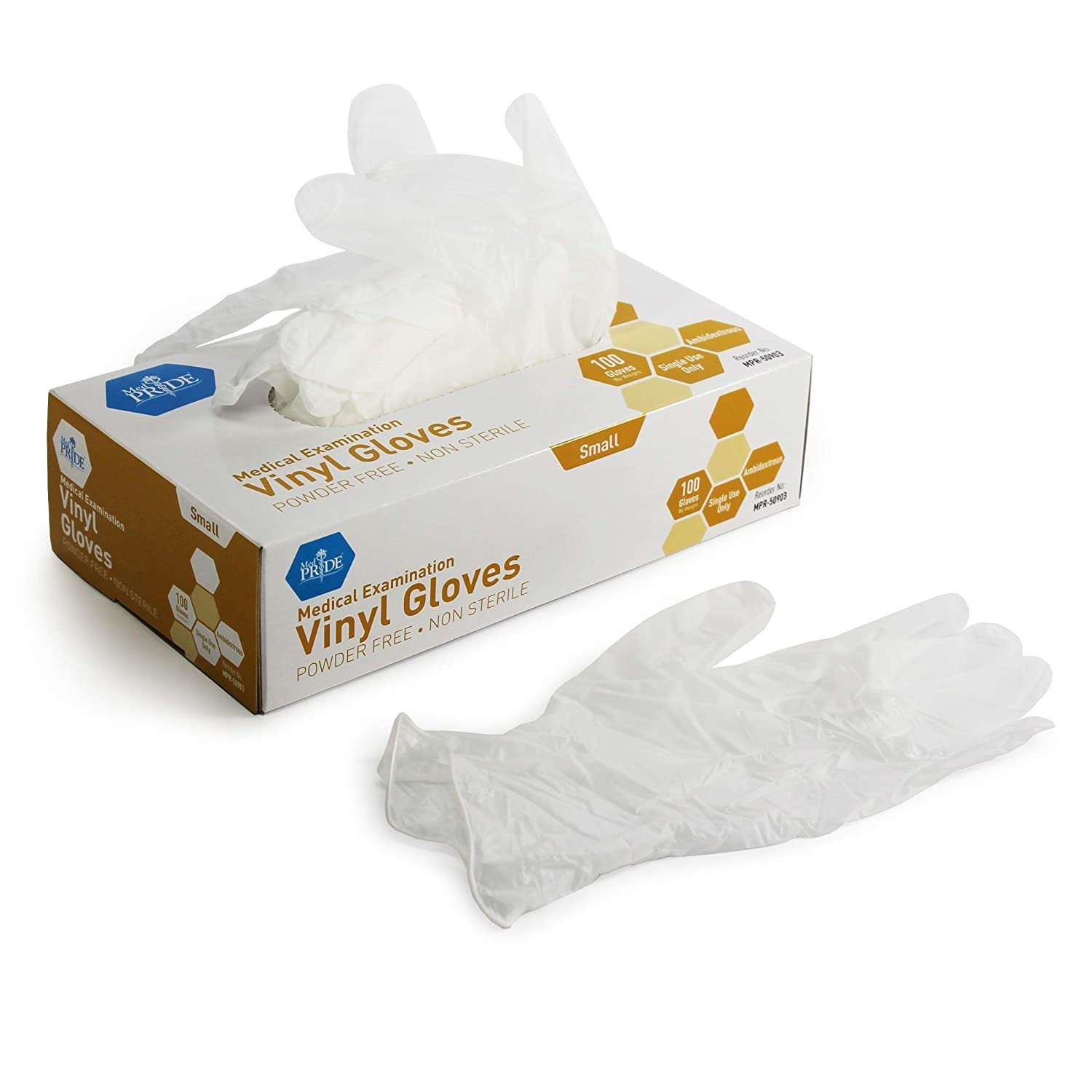 MedPride Medical Examination Vinyl Gloves ,N/S Powder Free-Small-100 Gloves/Bx