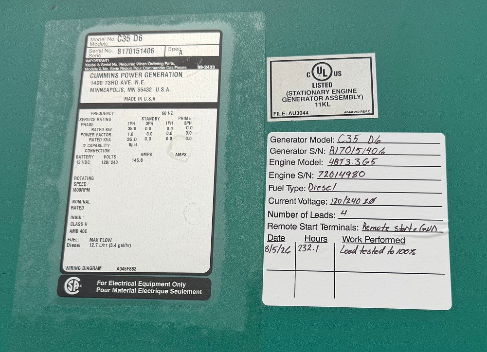 35 kw Cummins / Onan Diesel Generator – 3.3L 4 Cyl. – 232 Hours – Mfg. 2017