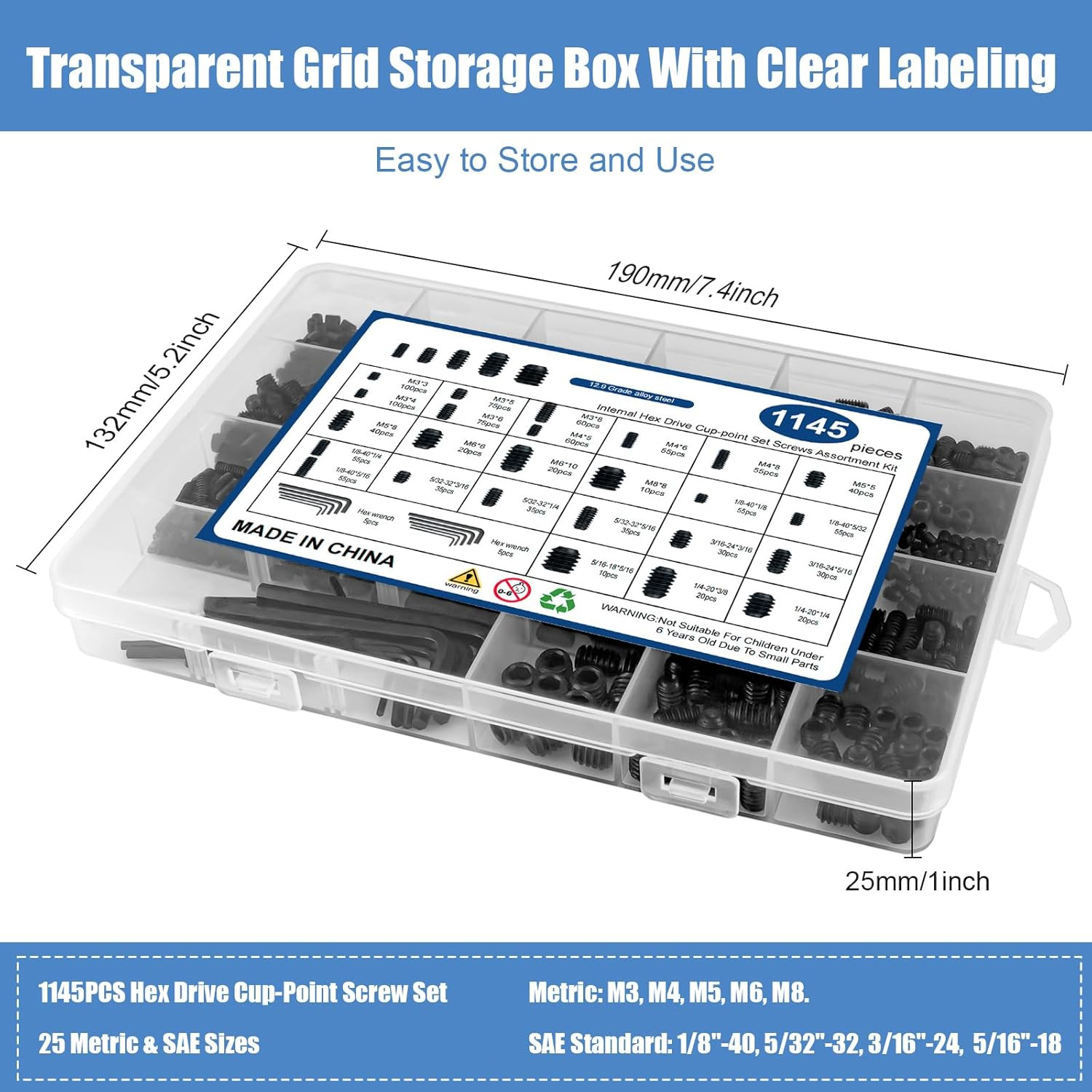 1145PCS 25 Sizes Metric & SAE Set Screw Assortment Kit12.9 Class Alloy Steel In
