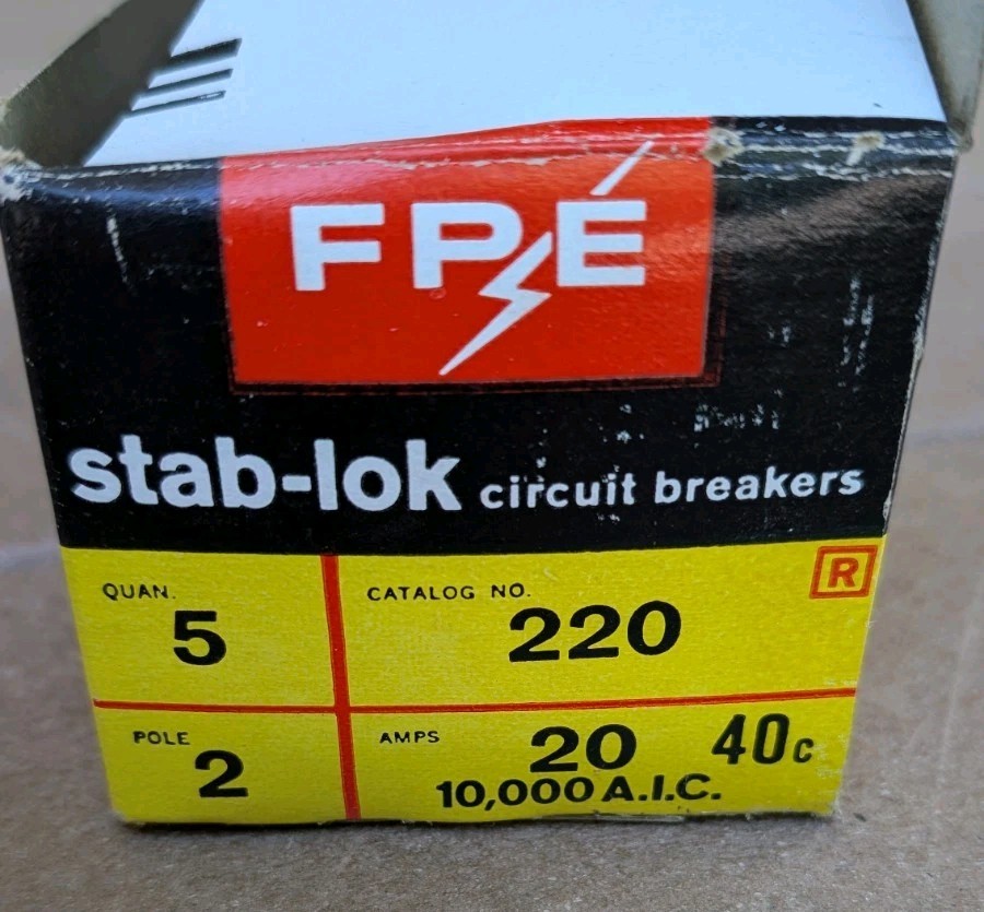 Lot of (5) New Old Stock Federal Pacific Stab-Lok Circuit Breaker 220 20a 2-Pole