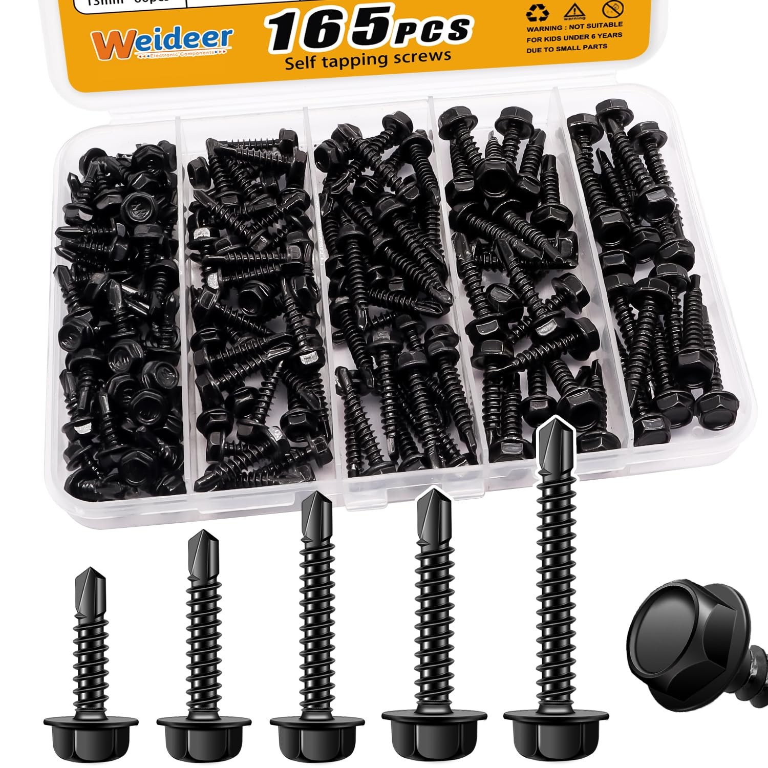 165pcs #8 #10 Self Tapping Screws Set 410 Stainless Steel Black Hex Washer Head