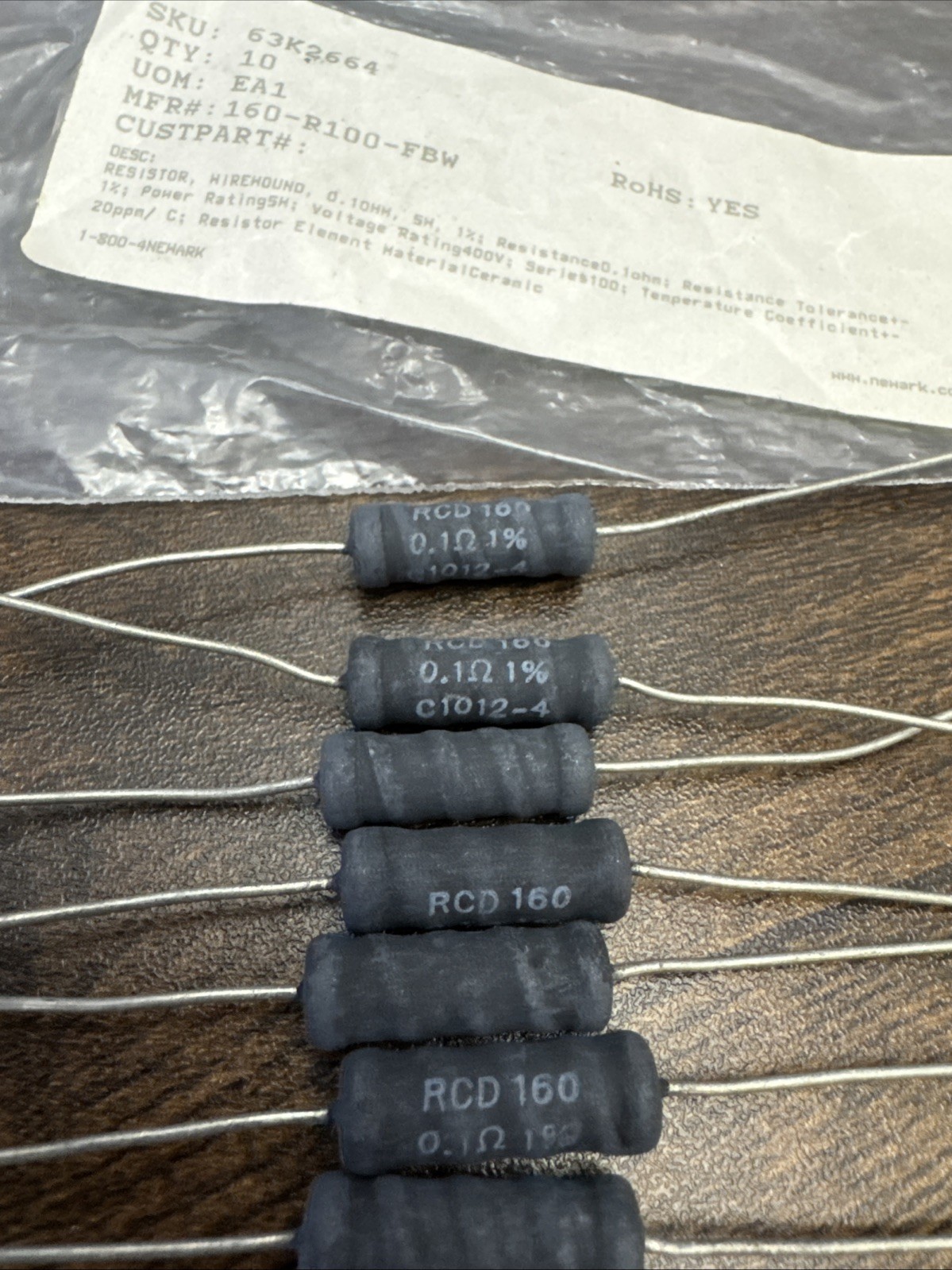 8-Pack RCD 160-R100-FBW 0.1 ohm, 100 mohm 5 watt 1% Wirewound Resistors