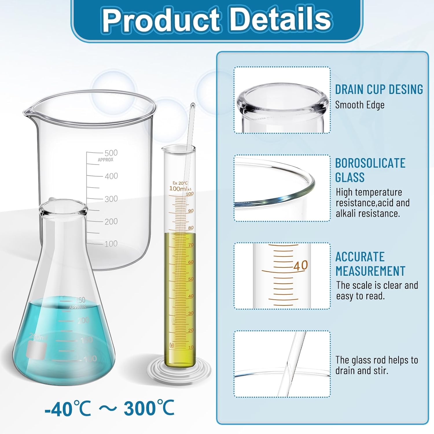 14Pcs Lab Flask Glass Measuring Glass Set: Beakers & Cylinders Lab Drying Rack