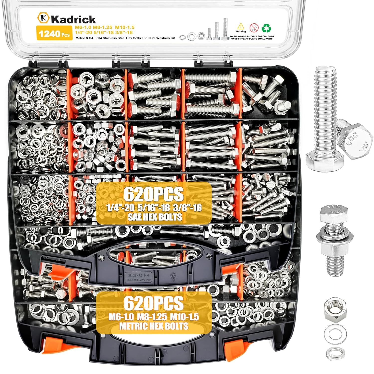 1240PCS Stainless Steel Hex Bolt Assortment Kit – SAE & Metric Set (1/4”-20, 5/1