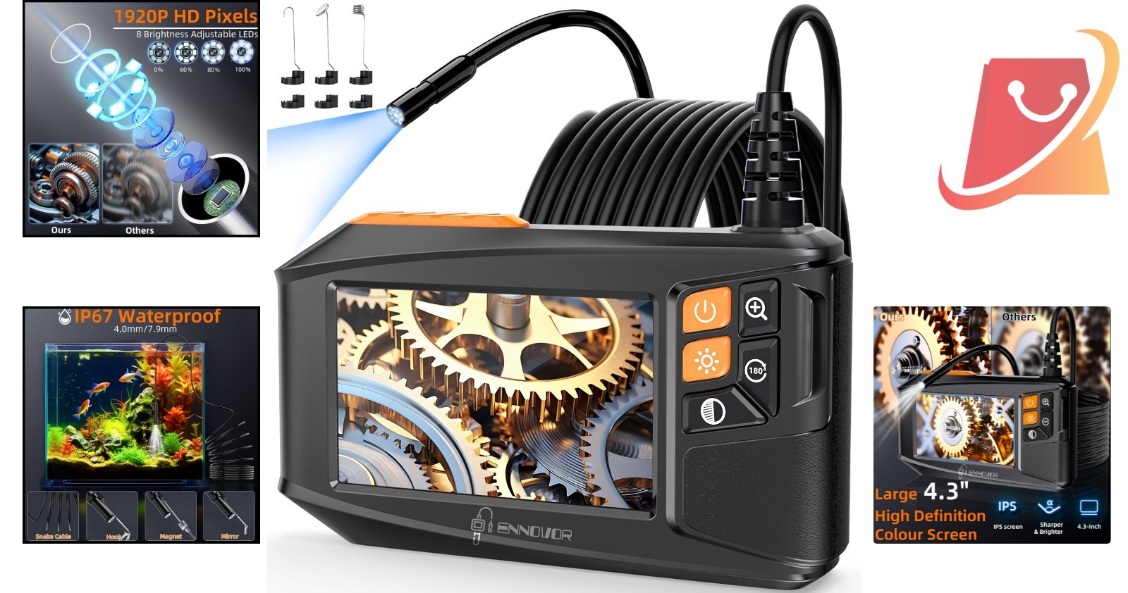Endoscope Camera Waterproof 4.3 Inch HD 1920P Inspection for Pipes Engines
