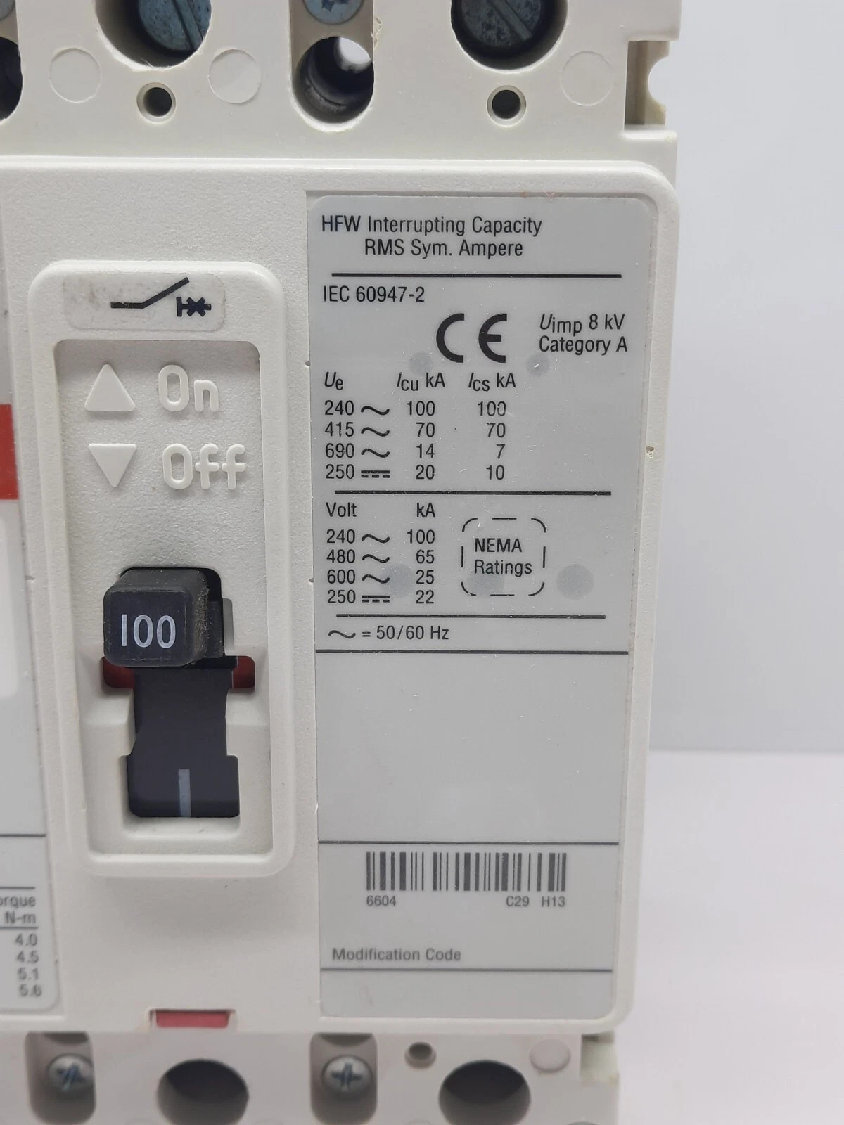 CUTLER HAMMER HFWF3100VL3 POLE 100 AMPS HFW 70K CIRCUIT BREAKER 690VAC