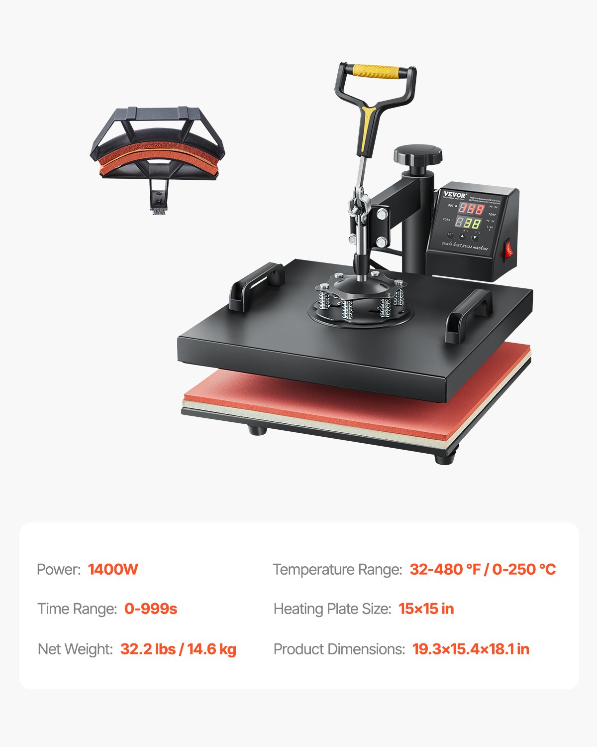 Heat Press Machine 2-In-1 15x15in Sublimation Print Transfer DIY T-shirt Cap