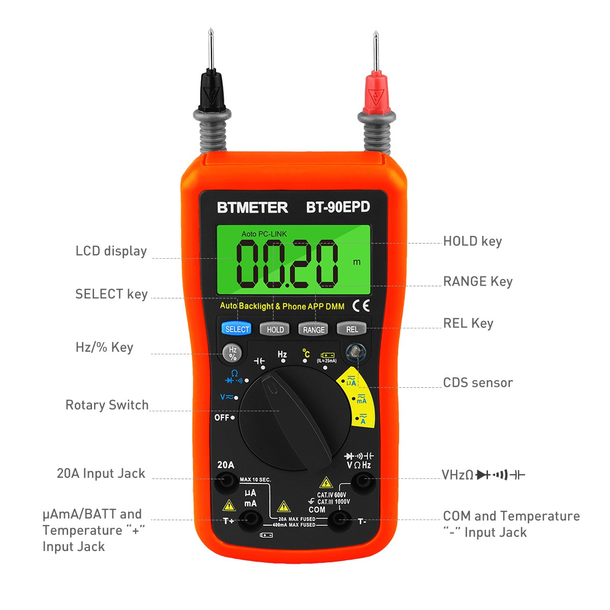 Multimeter Bluetooth 1832°F 5.12MHz 1000V 20A 4000C Auto-Range Data Hold Backlit