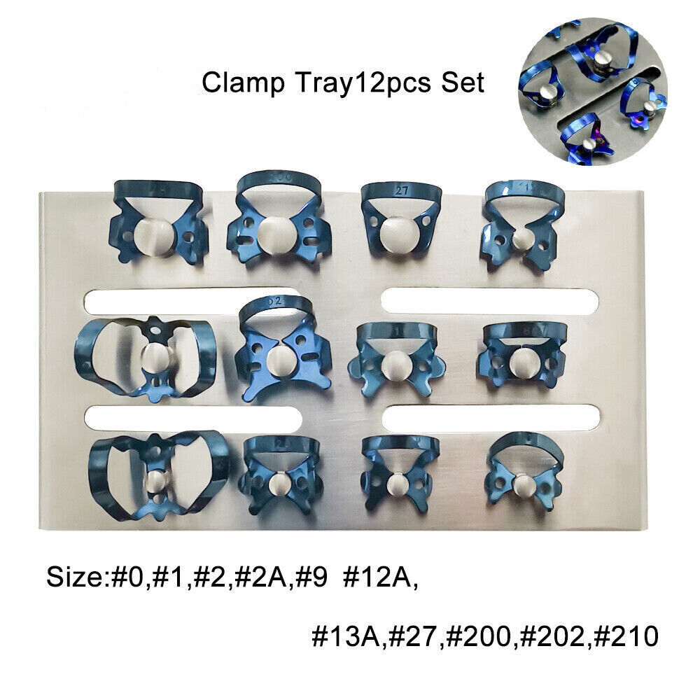 12 Pcs/Box Dental Endo With Tray Frame Instruments Rubber Stainless Clamp Blue
