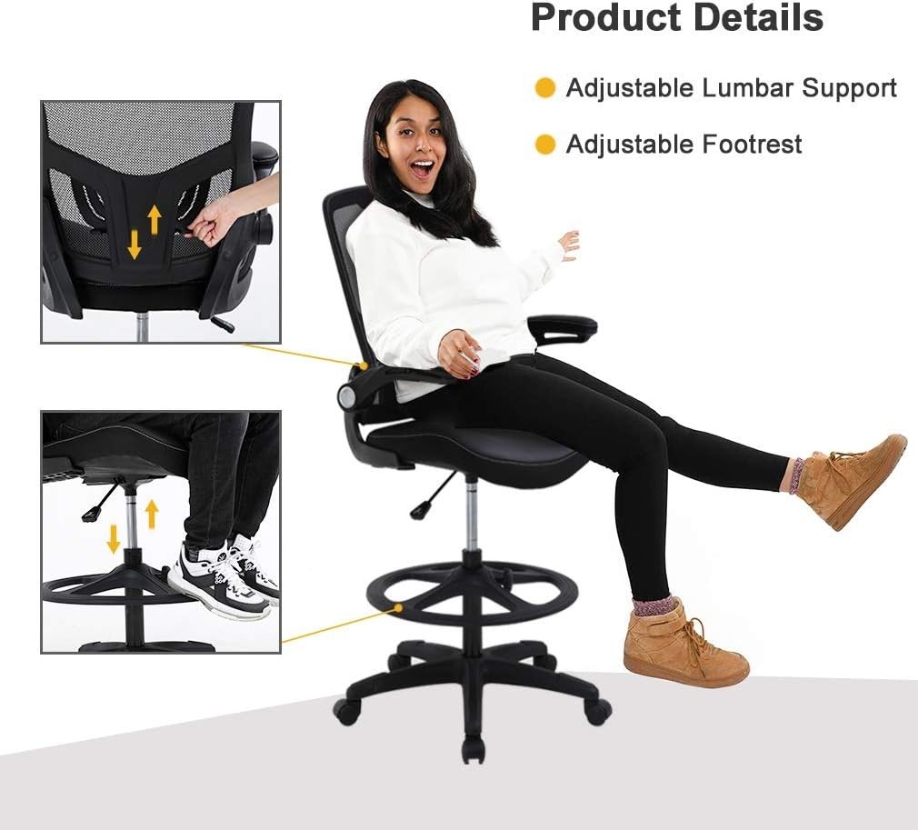 Tall Drafting Office Chair with Back Support & Foot Rest – Mesh and Faux Leather