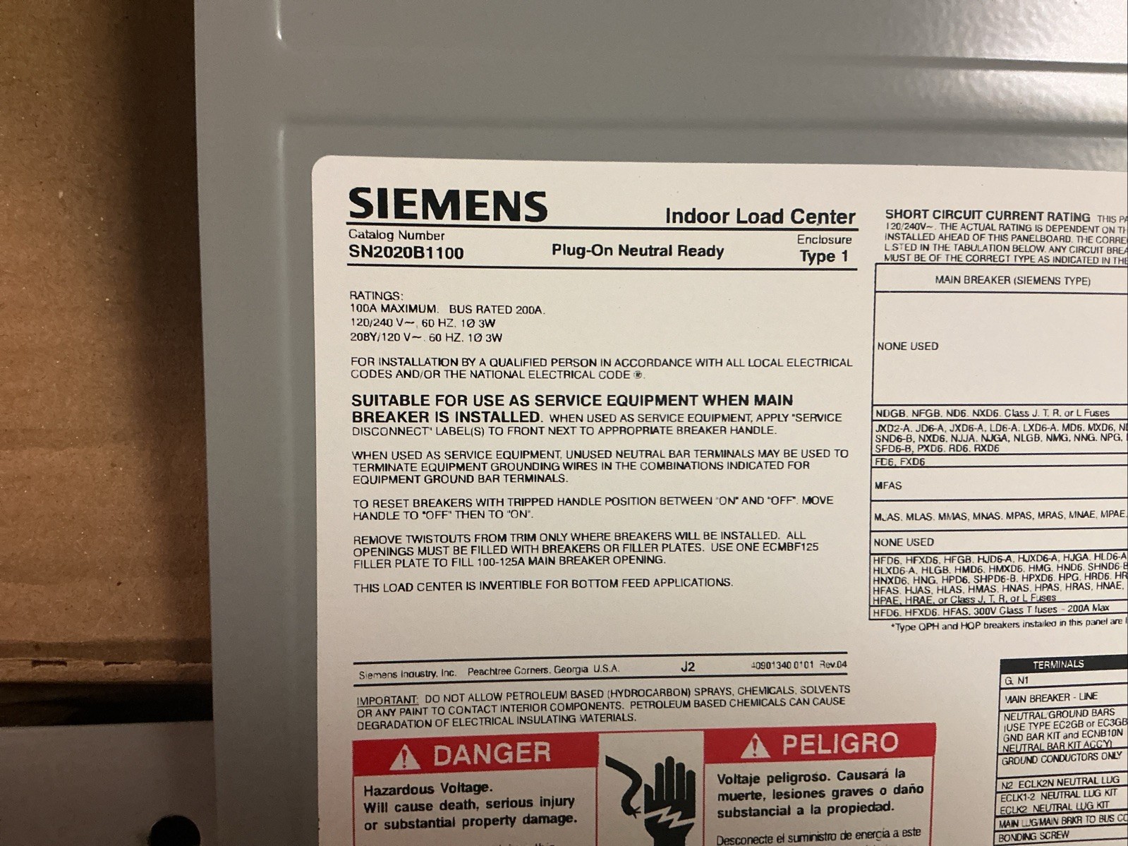 Siemens SN2020B1100P1 100A 120/240V SN Series Main Breaker Load Center (new)