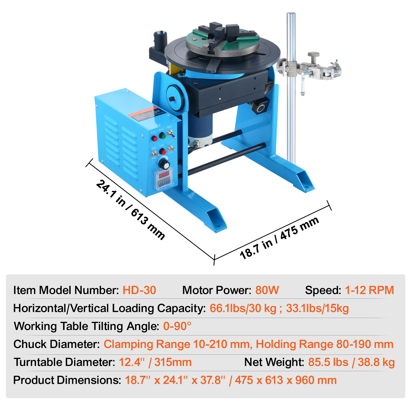 VEVOR 30KG Rotary Welding Positioner 0-90° Positioning Turntable Table 1-12RPM
