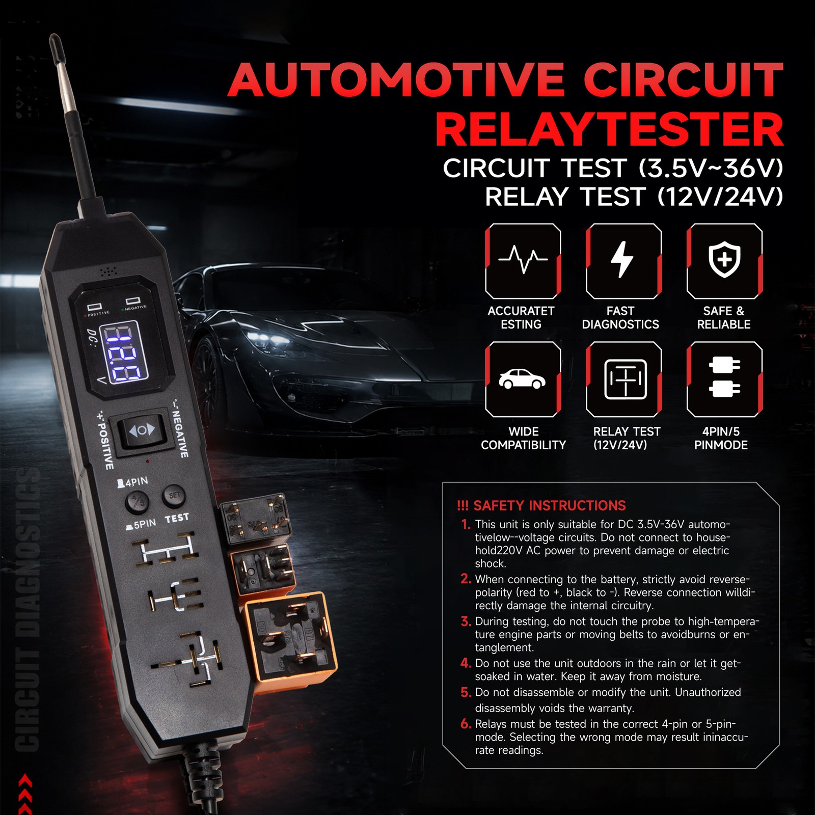 Upgraded DW833 Circuit Relay Tester 3-36V 4/5 Pin with LED Work Light