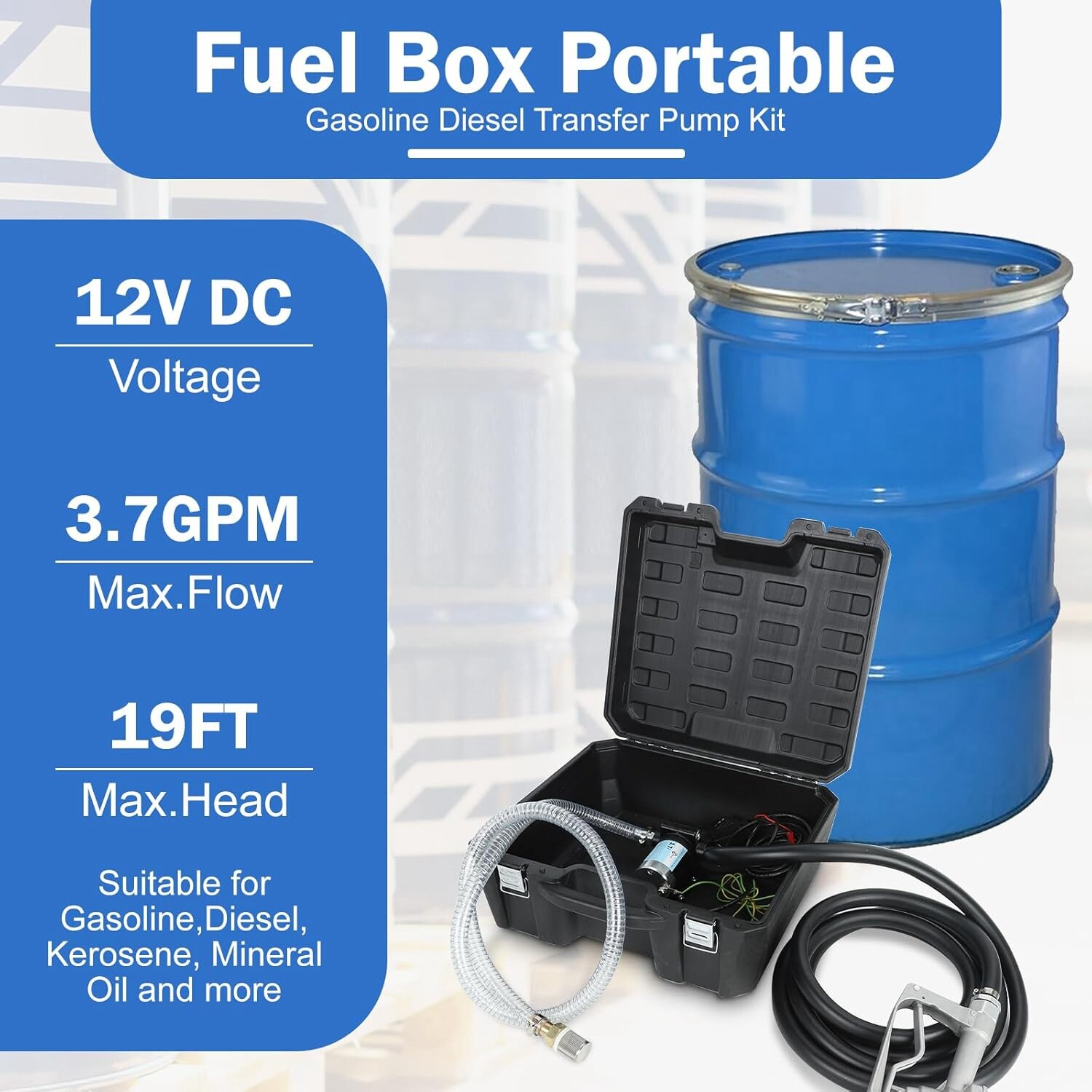 Portable Self-Priming 12V DC Electric Fuel Pump Manual Nozzle for Gas Diesel