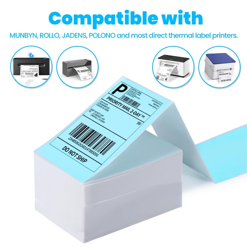 Thermal Label Printer , 4″x 6″ 500-Fanfold Blue Stickers for Polono, Phomemo …