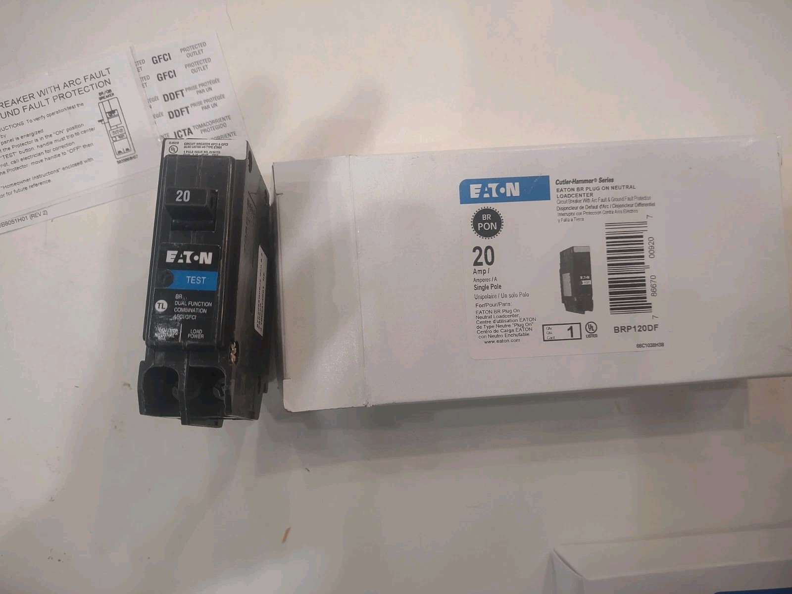Eaton BRP120DF Arc Fault/Gfci Breaker, 20A, Neutral Plug-On