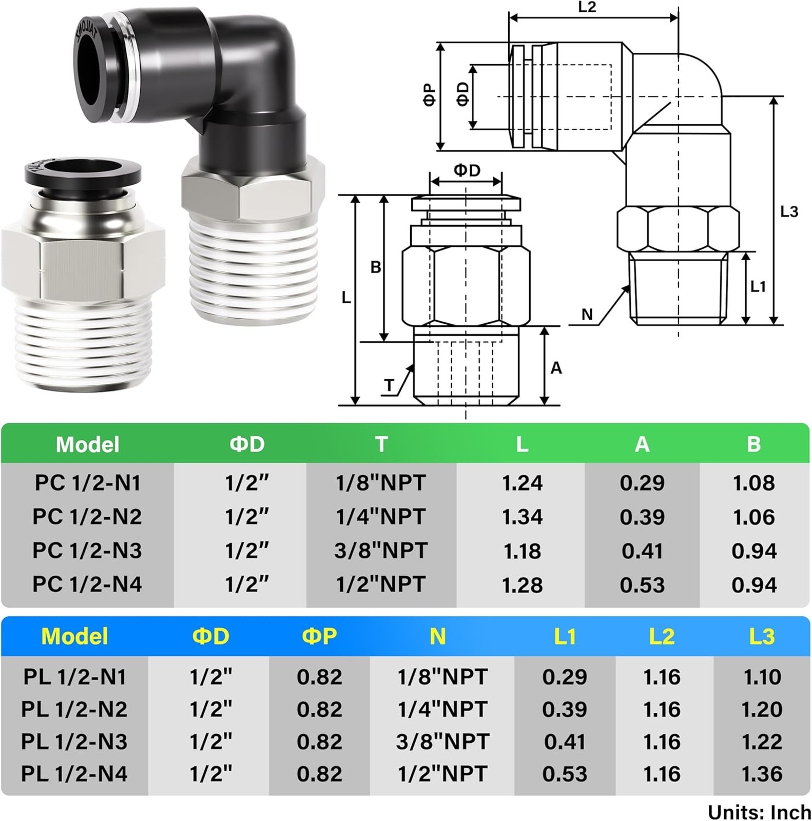 Elbow and Straight Push-in Connect Fittings Copper Plastic 1/2 Inch Tube NPT