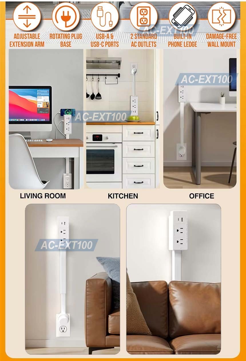 AC Outlet Extender With 2 AC Outlets + 2 USB Charging Ports Max 28″ Long