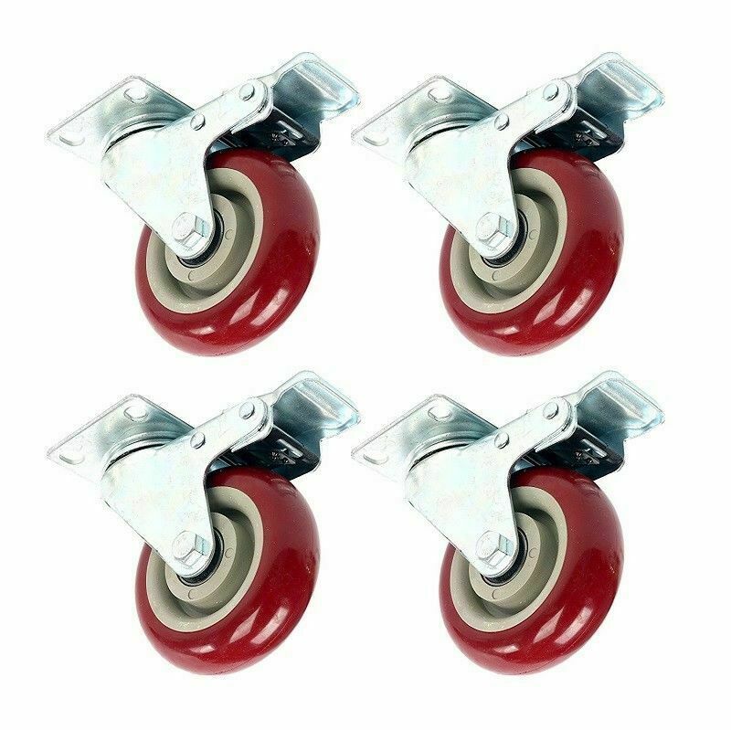 4 Pack 3″ Caster Wheels Swivel Plate Total Lock Brake Red Polyurethane PU