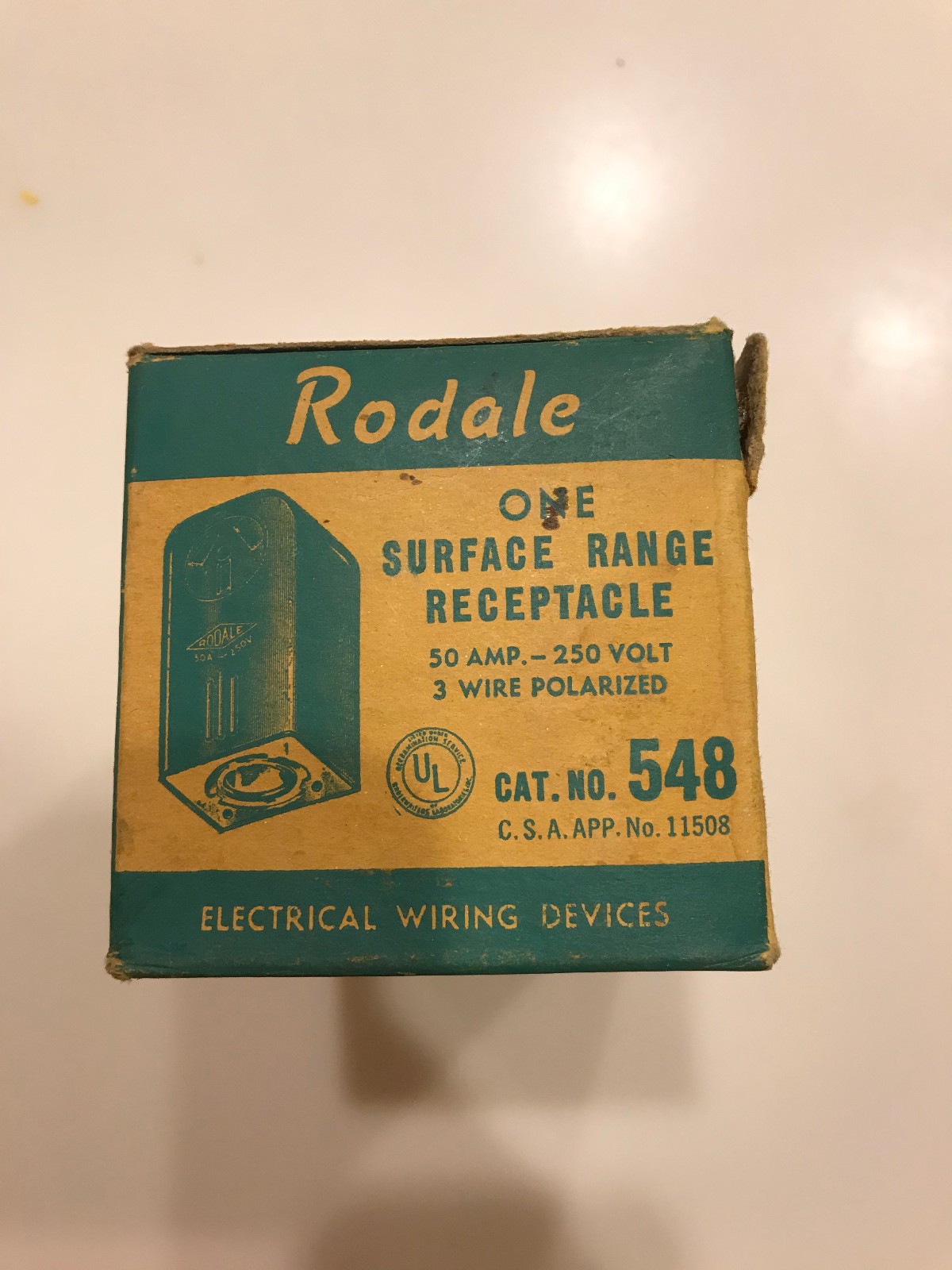 NOS-Rodale 548-Surface Range Receptacle-50A-250V-3 wire-Made in USA-mid-century
